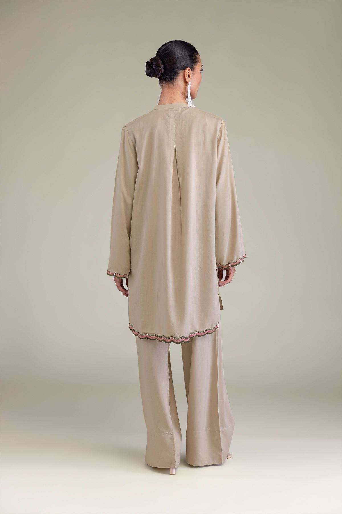 Embroidered Raw Silk Band Collar Kurta - 2-26-202-A-B-VG