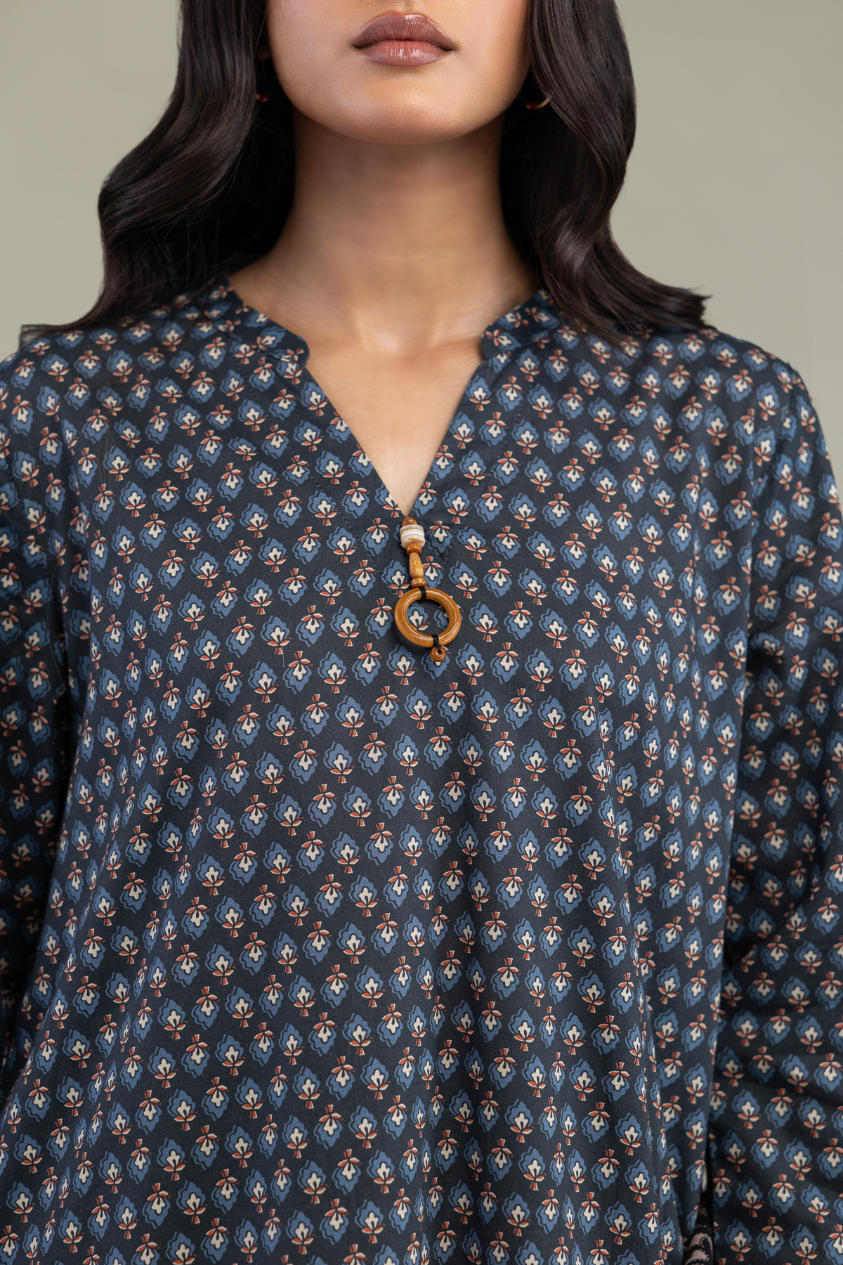 Printed Cambric V-Neck Cambric Kurta - 1-26-220-B-J3-VG