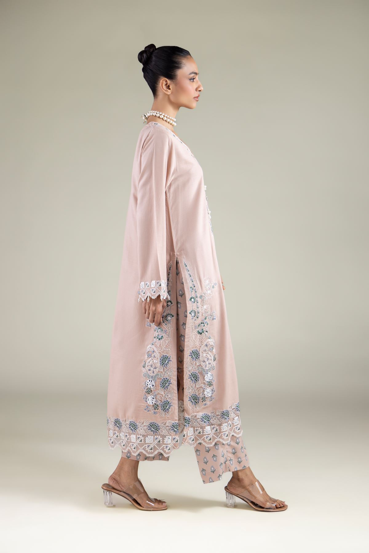 Embroidered Raw Silk Floral Longline Kurta - 2-26-112-A-B-VG