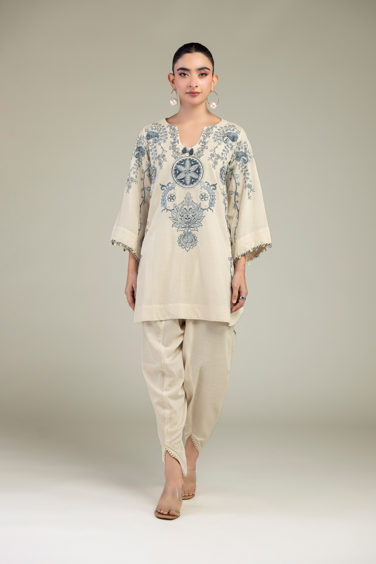 Embroidered Raw Silk Short Silk Kurta - 1-26-309-B-D1-VG