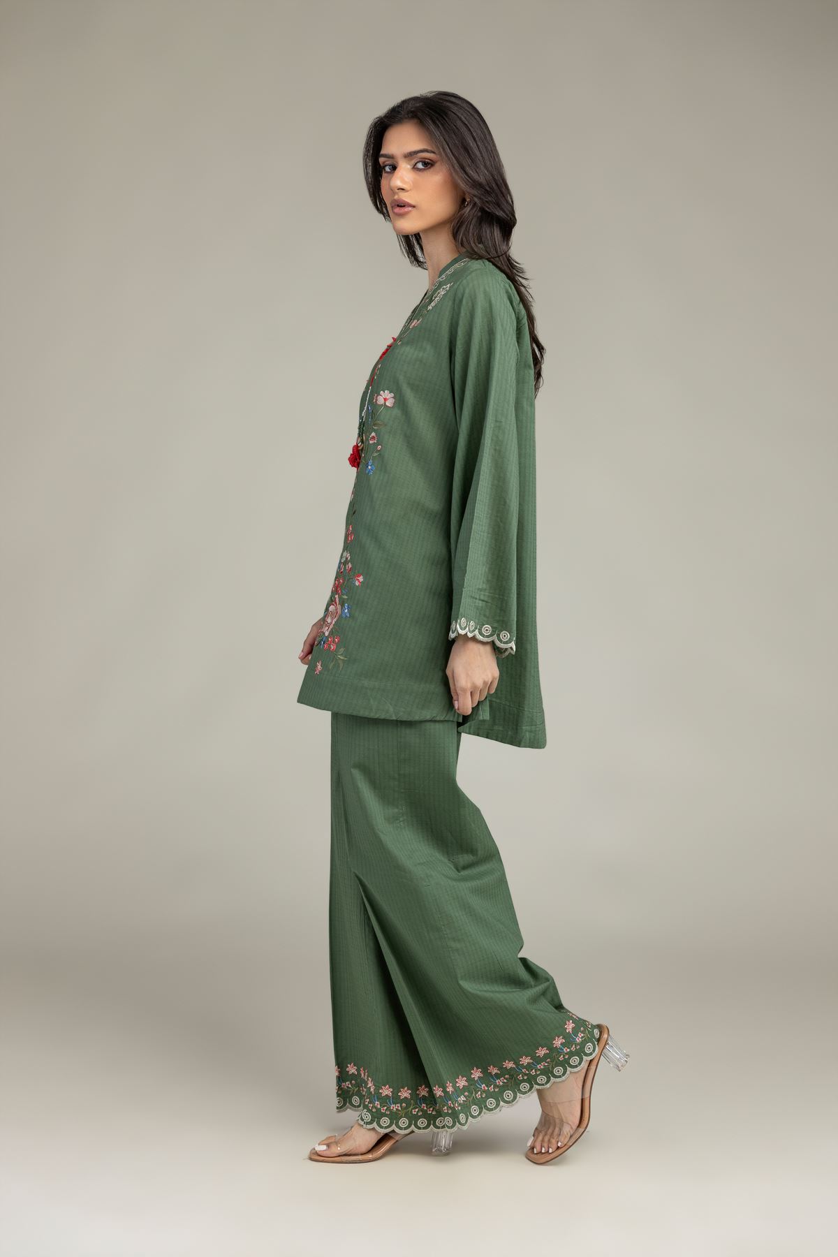 Embroidered Cotton Dobby Floral Green Pants - 1-26-225-A-F1-VG
