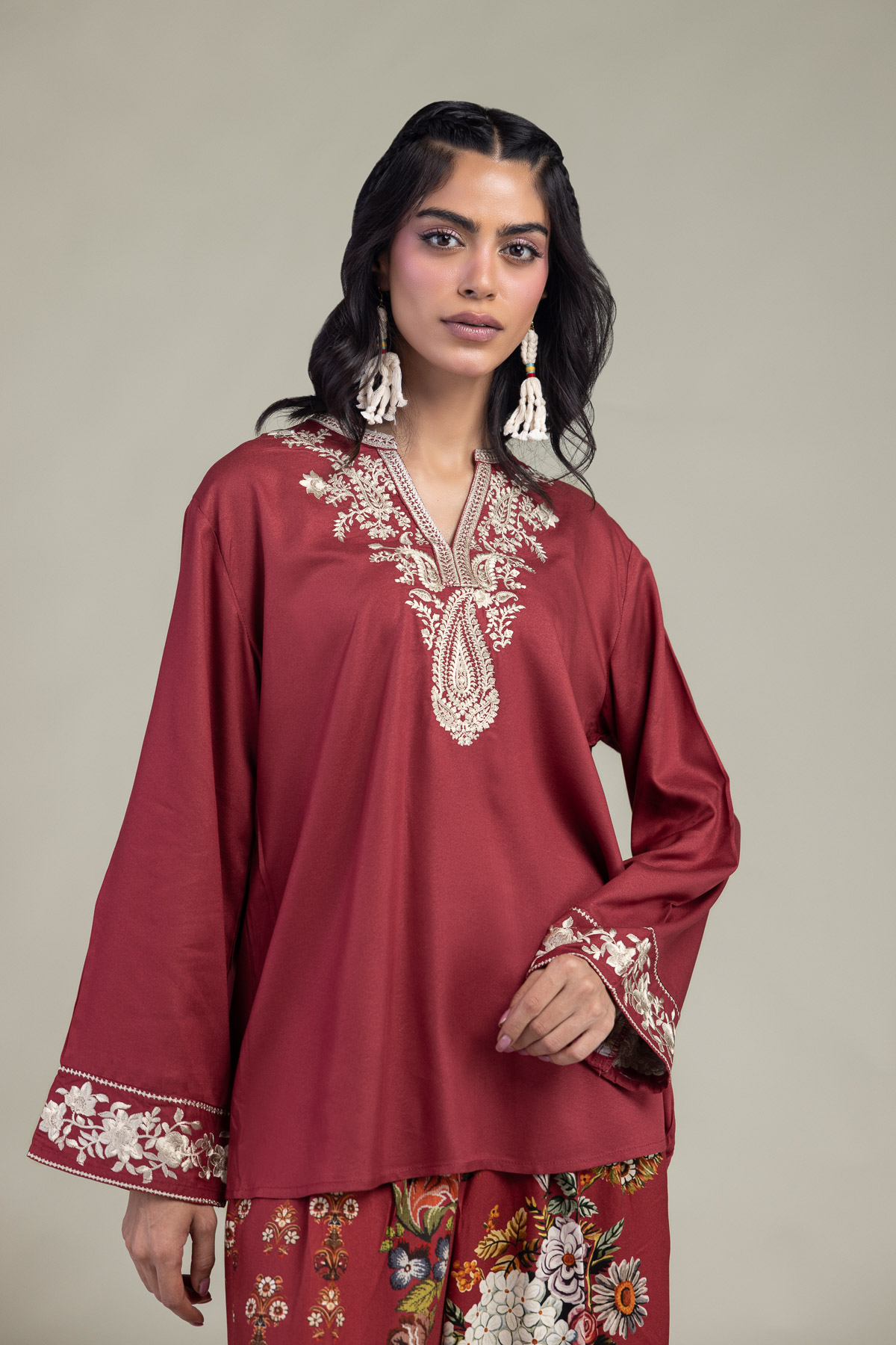 Embroidered Viscose Crepe Viscose V-Neck Tunic - 1-26-229-B-F1-VG