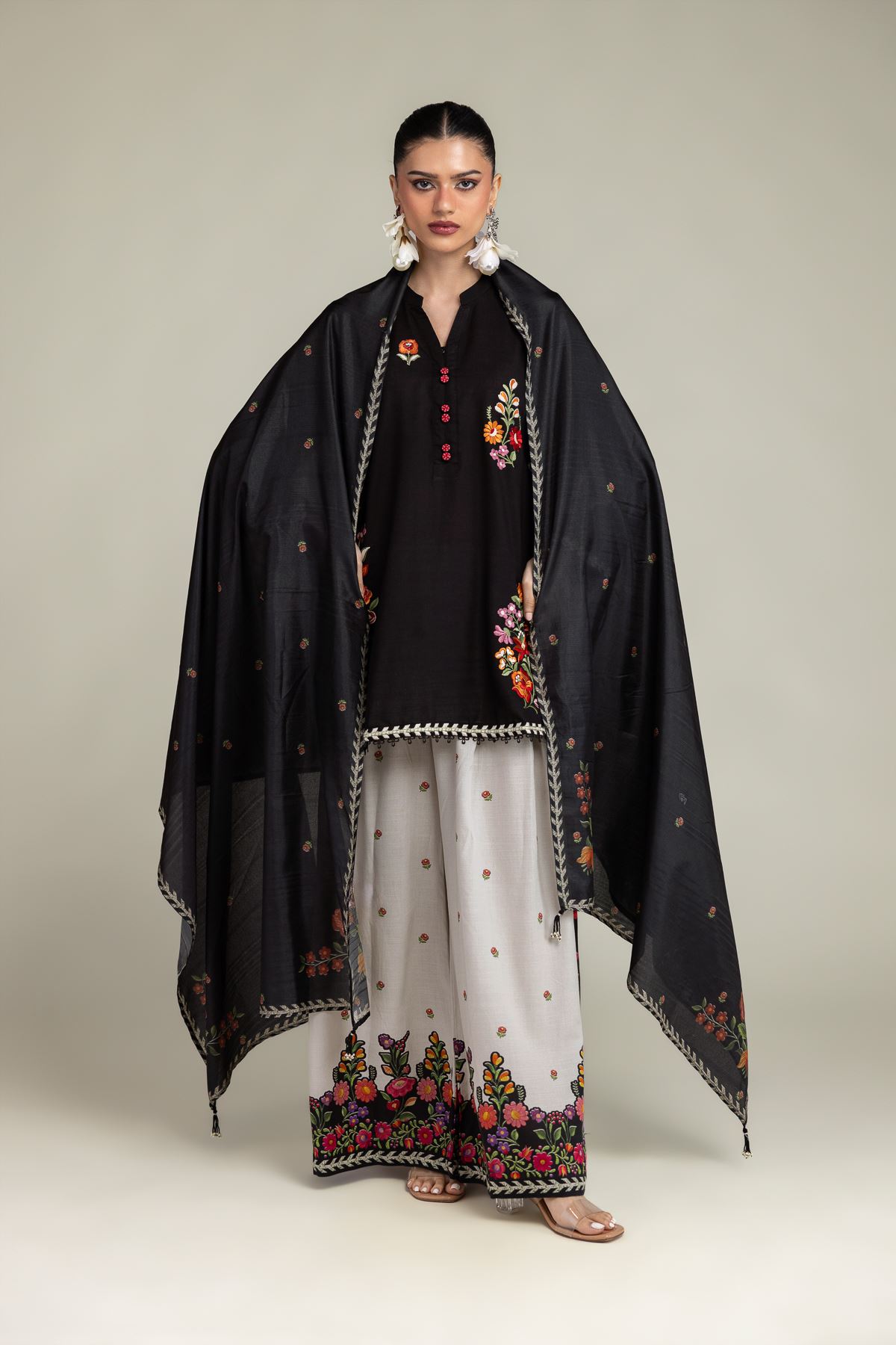 Embroidered Raw Silk Black Floral Kurta - 1-26-203-A-C1-VG