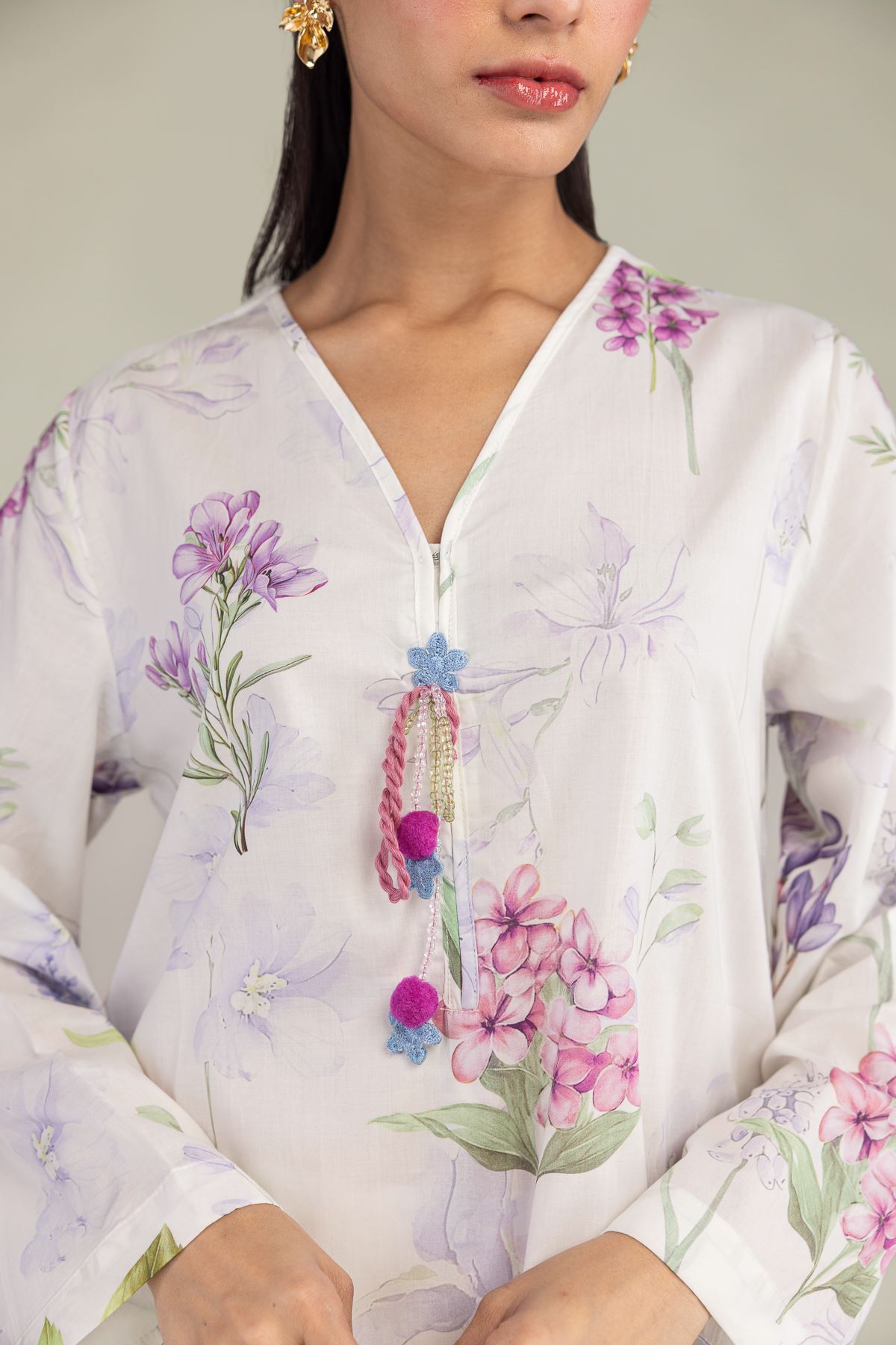 Printed Cotton Viscose White V-Neck Kurta - T-CHD04A-R-VG
