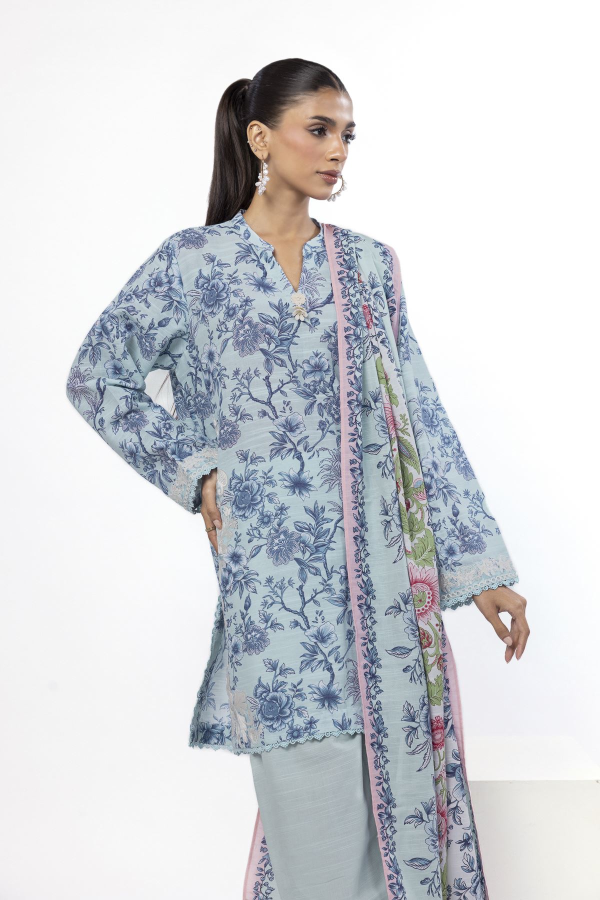 Embroidered Slub Cotton Tailored 3 Piece - KN31AST-VG