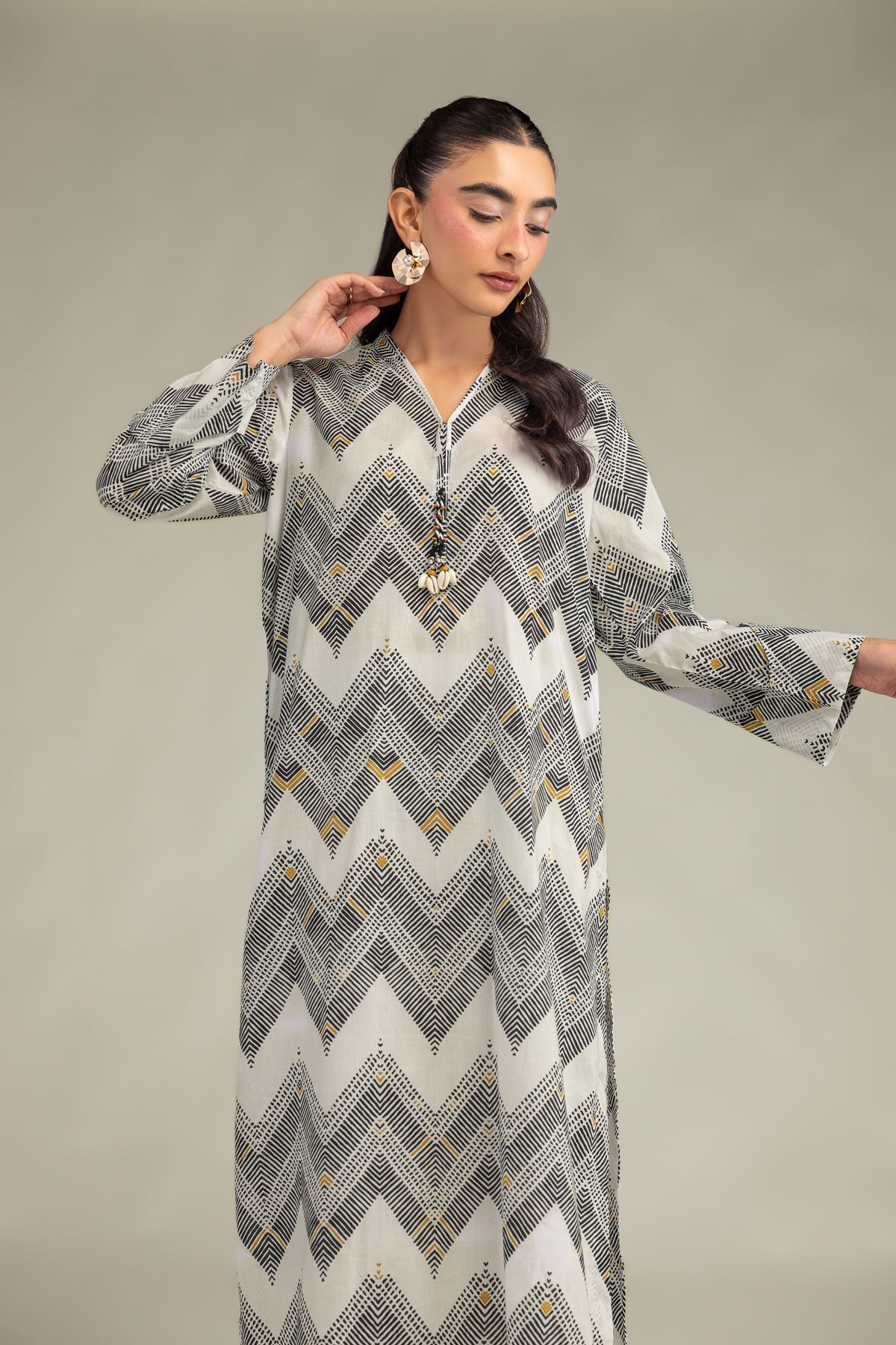 Printed Cambric Geometric Longline Kurta - 1-26-322-B-A1-VG