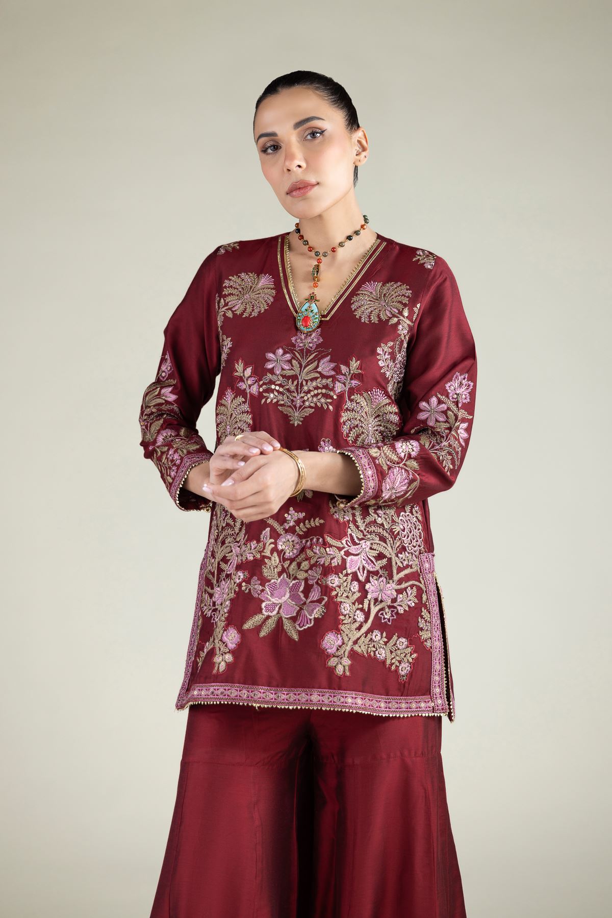 Embroidered Raw Silk Floral V-Neck Kurta - 2-26-105-A-E-VG