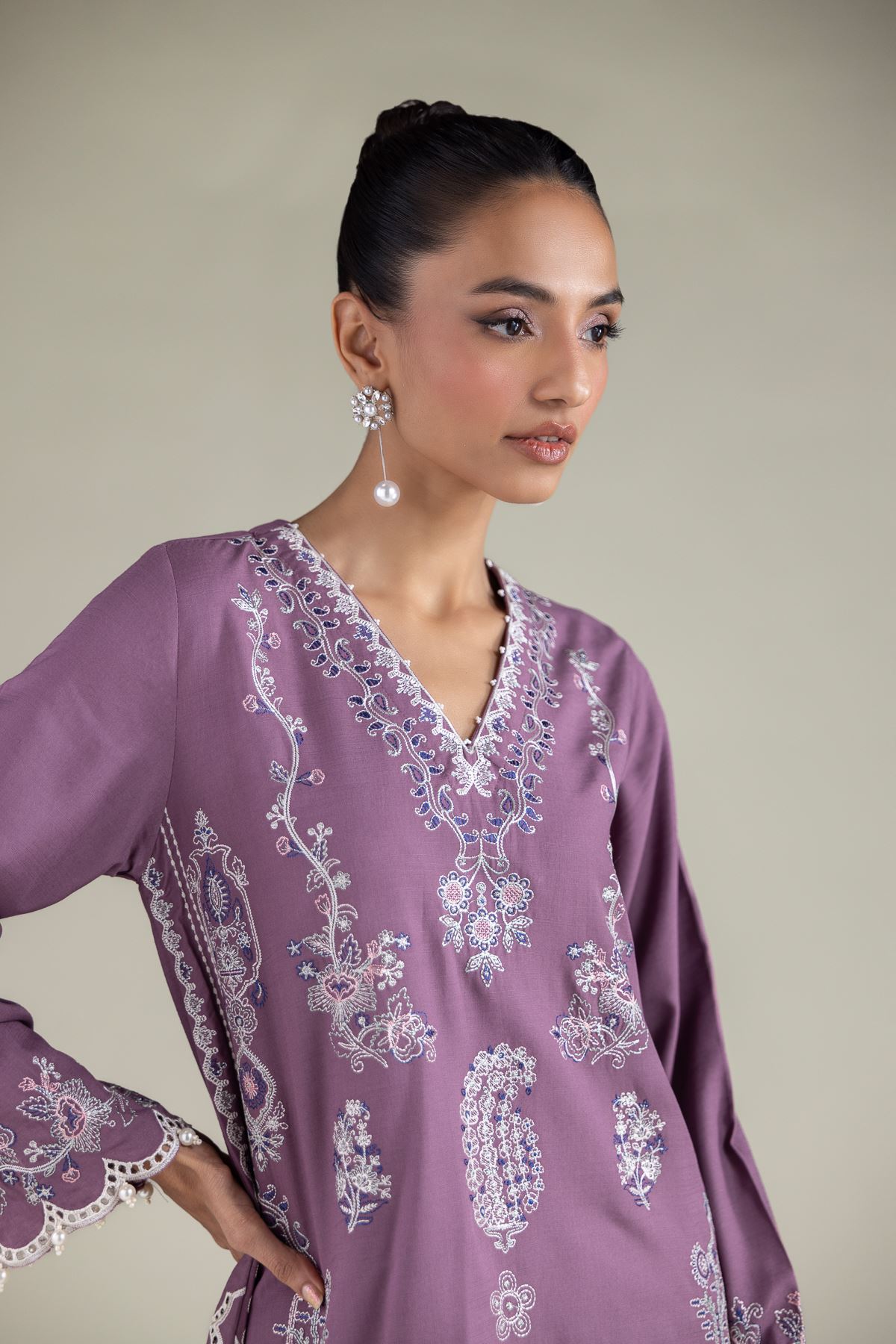 Embroidered Raw Silk Floral V-Neck Kurta - 2-26-105-A-D-VG