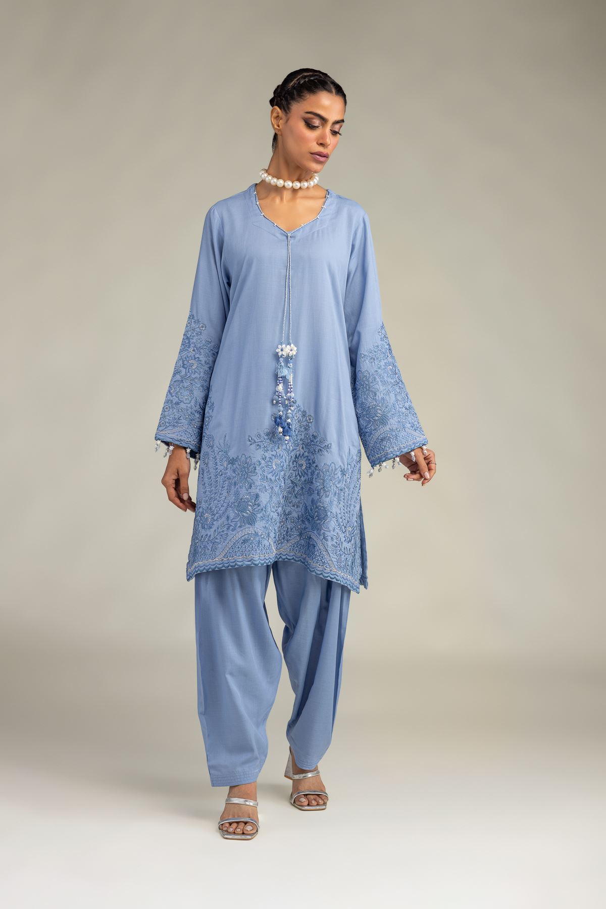Embroidered Raw Silk Light Blue Kurta - 1-26-322-B-A1-VG