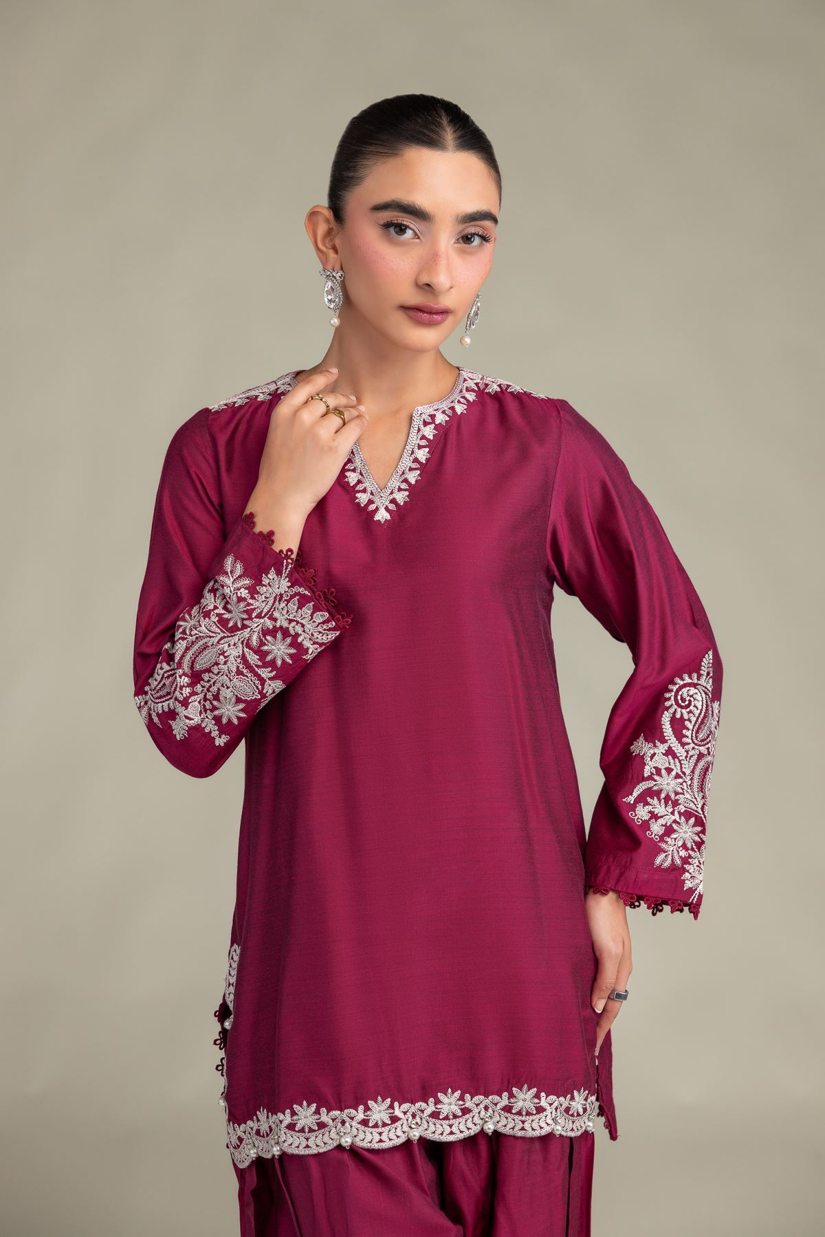 Printed Raw Silk Silk V-Neck Kurta - 1-26-244-A-D1-VG