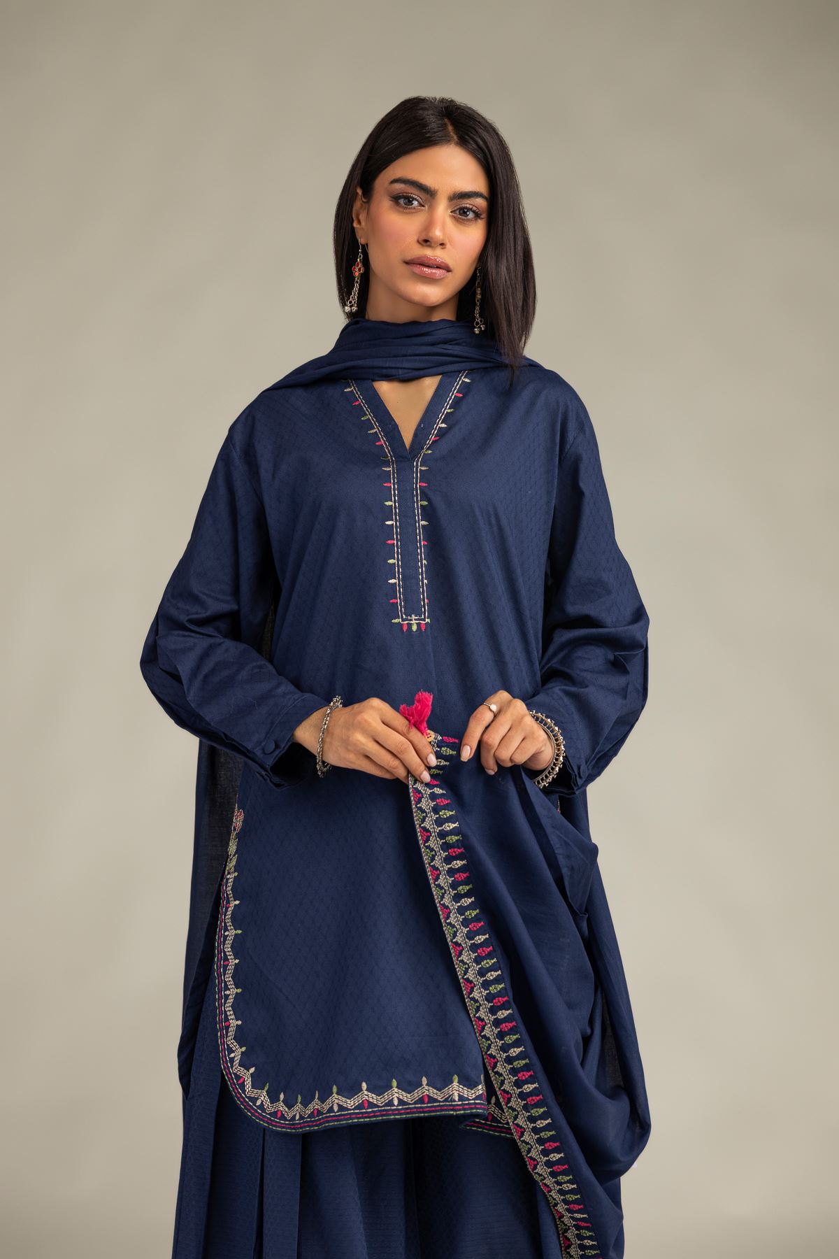 Embroidered Lawn Navy Lawn Dupatta - 1-26-102-A-F-VG