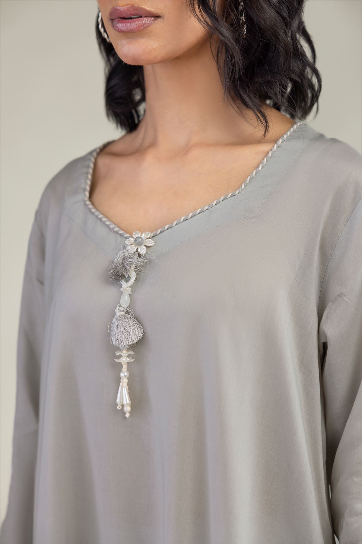 Embroidered Lyocell Gray Longline Kurta - 8-26-208-A-E1-VG