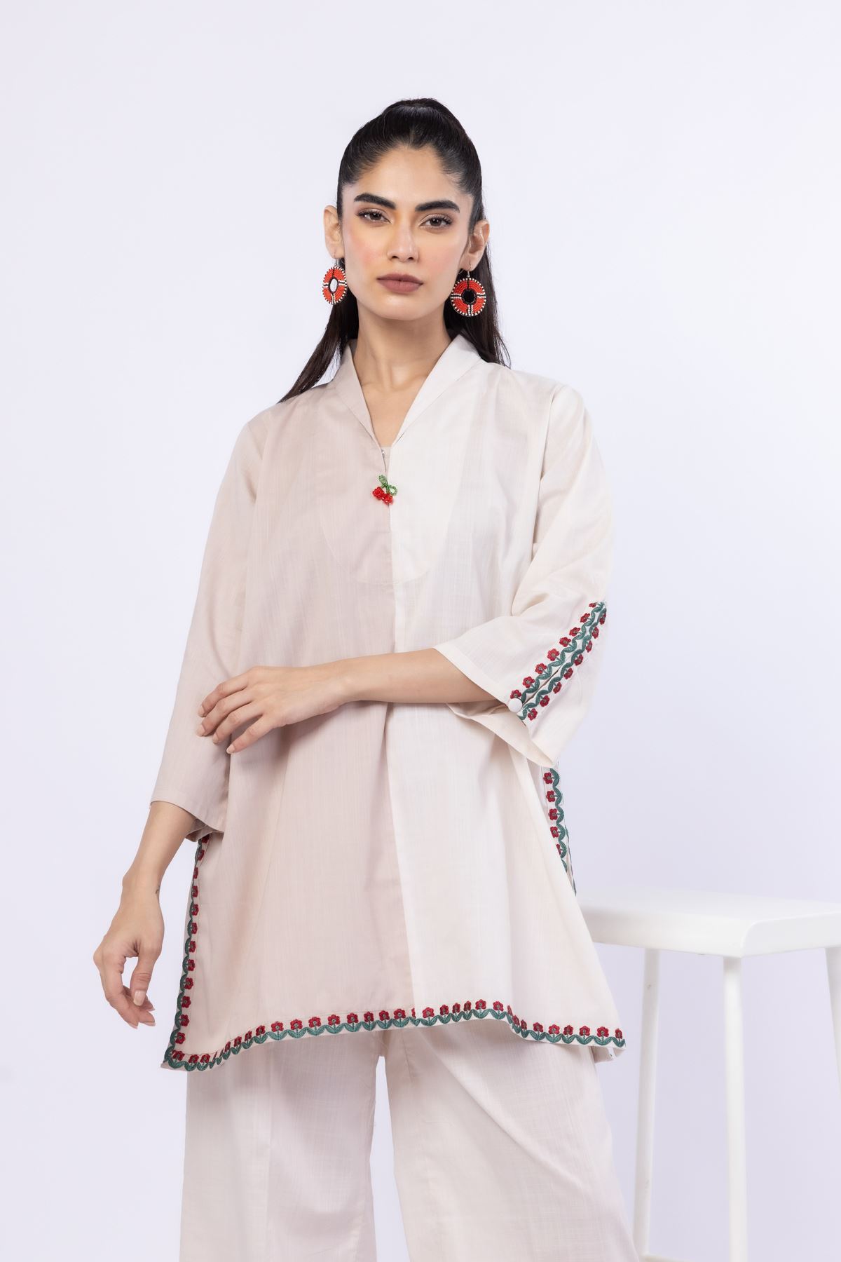 Embroidered Crosshatch Poplin Kurta - 25-08-8E5-07TA-VG