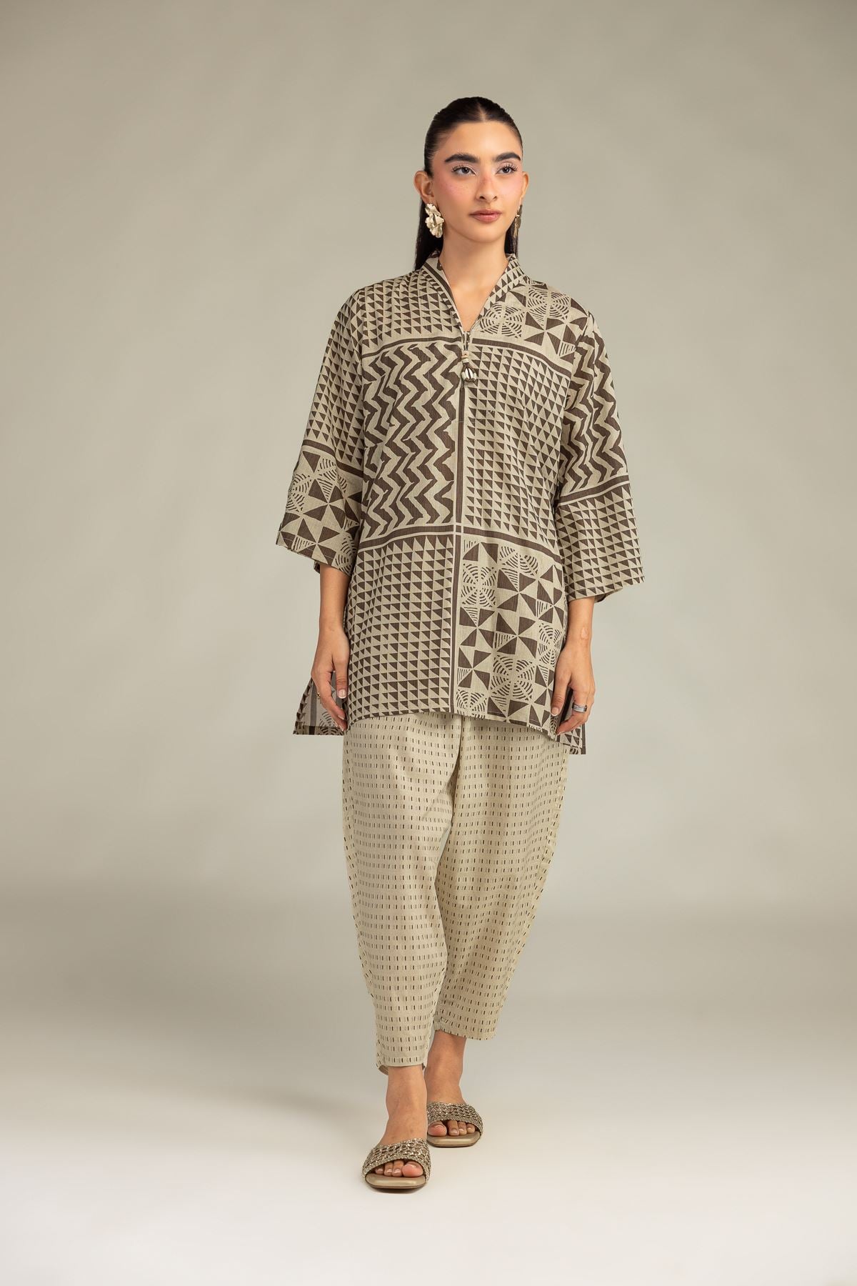 Printed Cambric Beige Printed Pants - 1-26-102-A-F-VG
