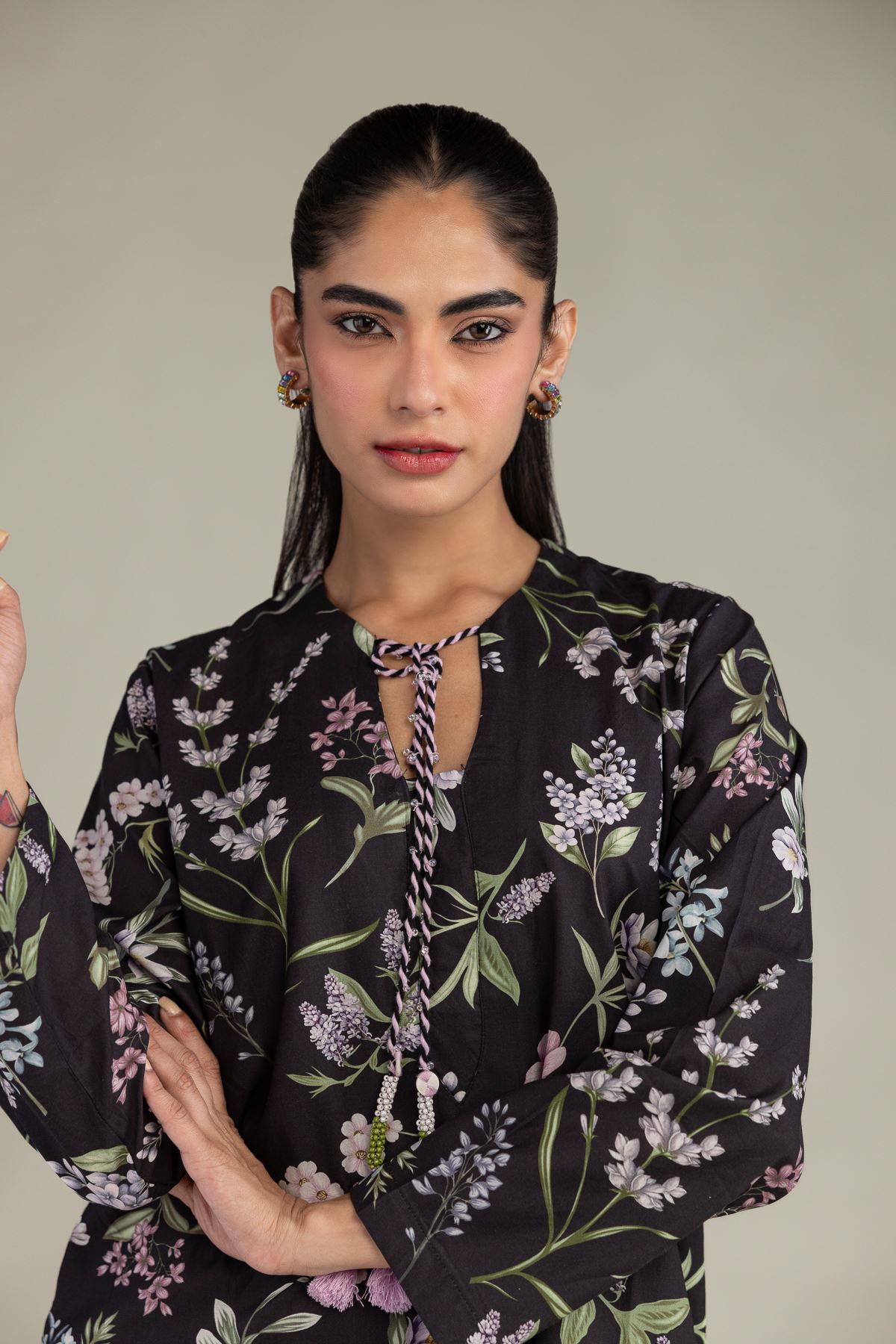 Printed Cotton Viscose Black Floral Kurta - 1-26-102-A-F-VG