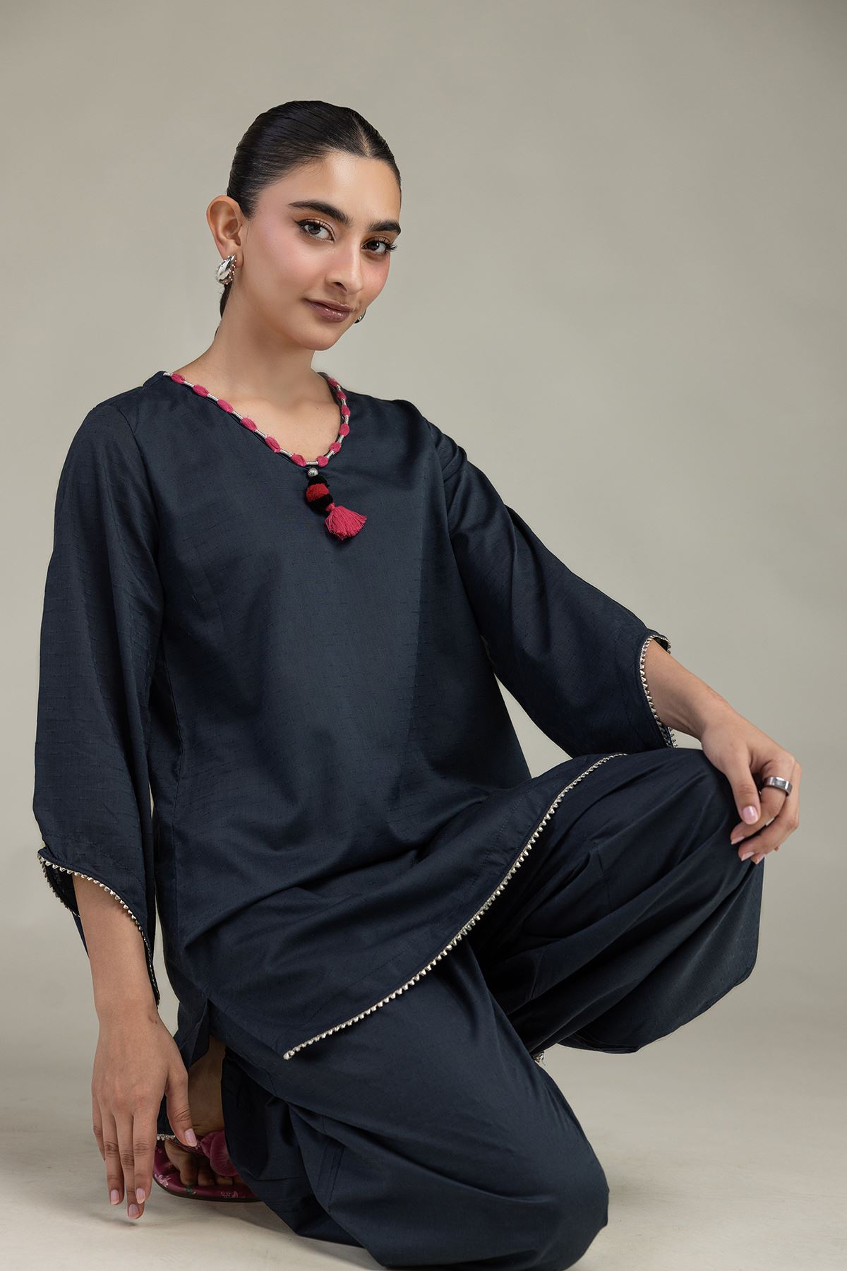 Embroidered Textured Cotton Viscose V-Neck Cotton Kurta - 1-26-236-A-J1-VG