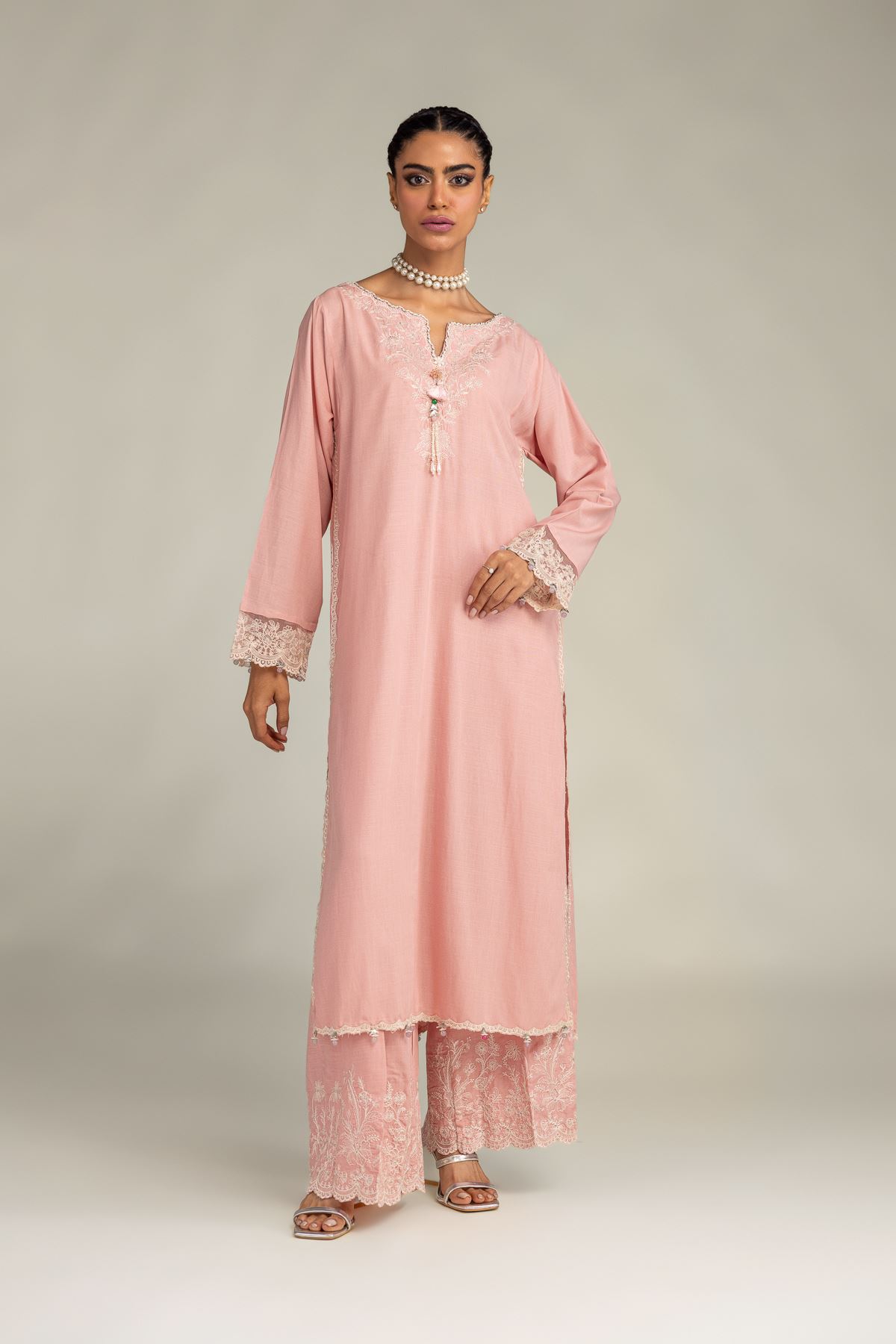 Embroidered Raw Silk Pink Silk Kurta - 2-26-306-A-D1-VG