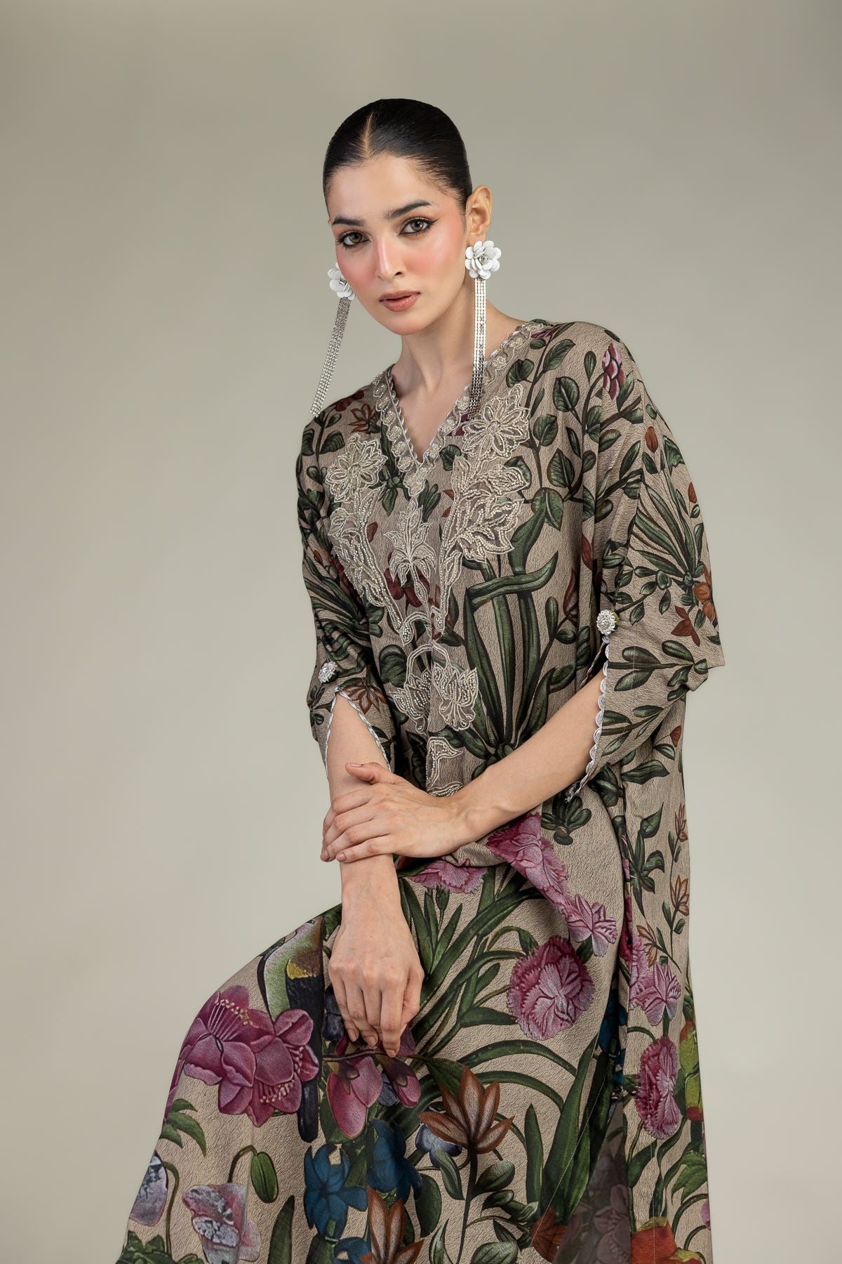 Embroidered Raw Silk Floral Long Kurta - 2-26-203-A-F1-VG