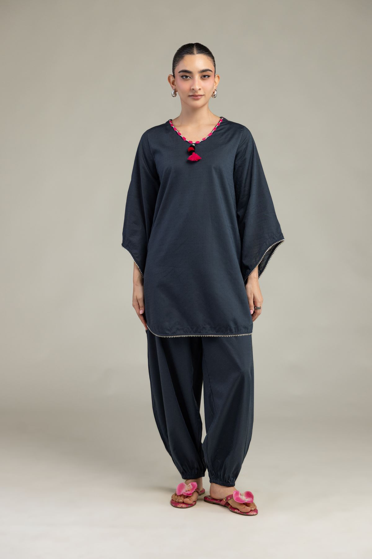 Embroidered Textured Cotton Viscose Solid Cotton Pants - 8-26-208-A-A1-VG