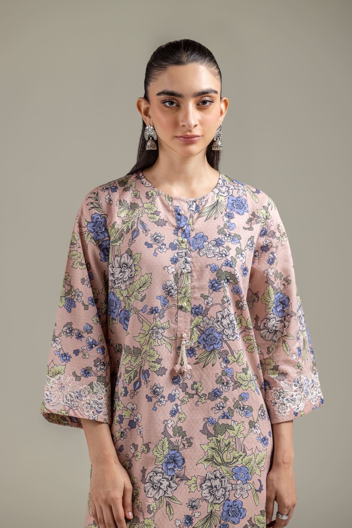 Embroidered Cotton Dobby Floral Peach Kurta - T-A22-26-120FG1-VG