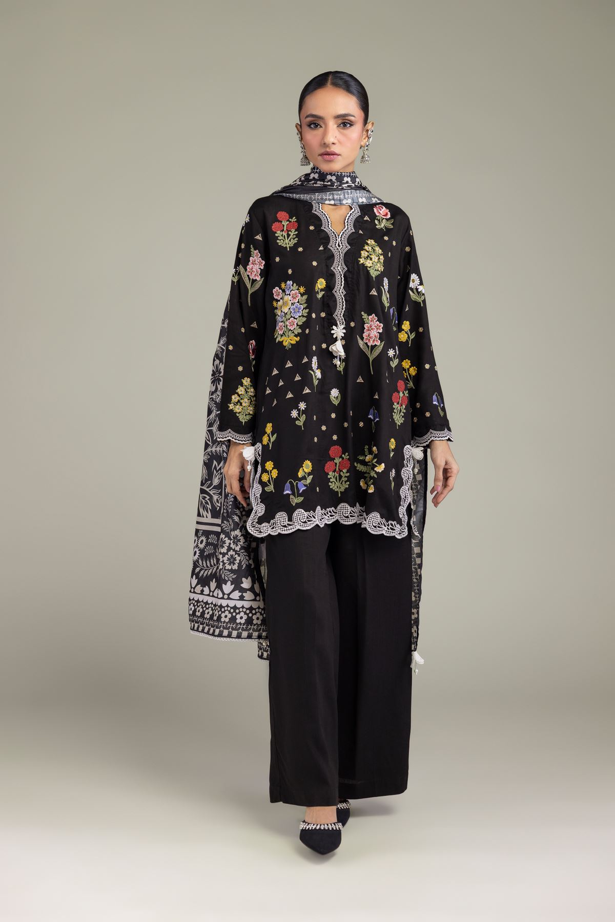 Embroidered Raw Silk Solid Black Pants - 2-26-209-A-C1-VG
