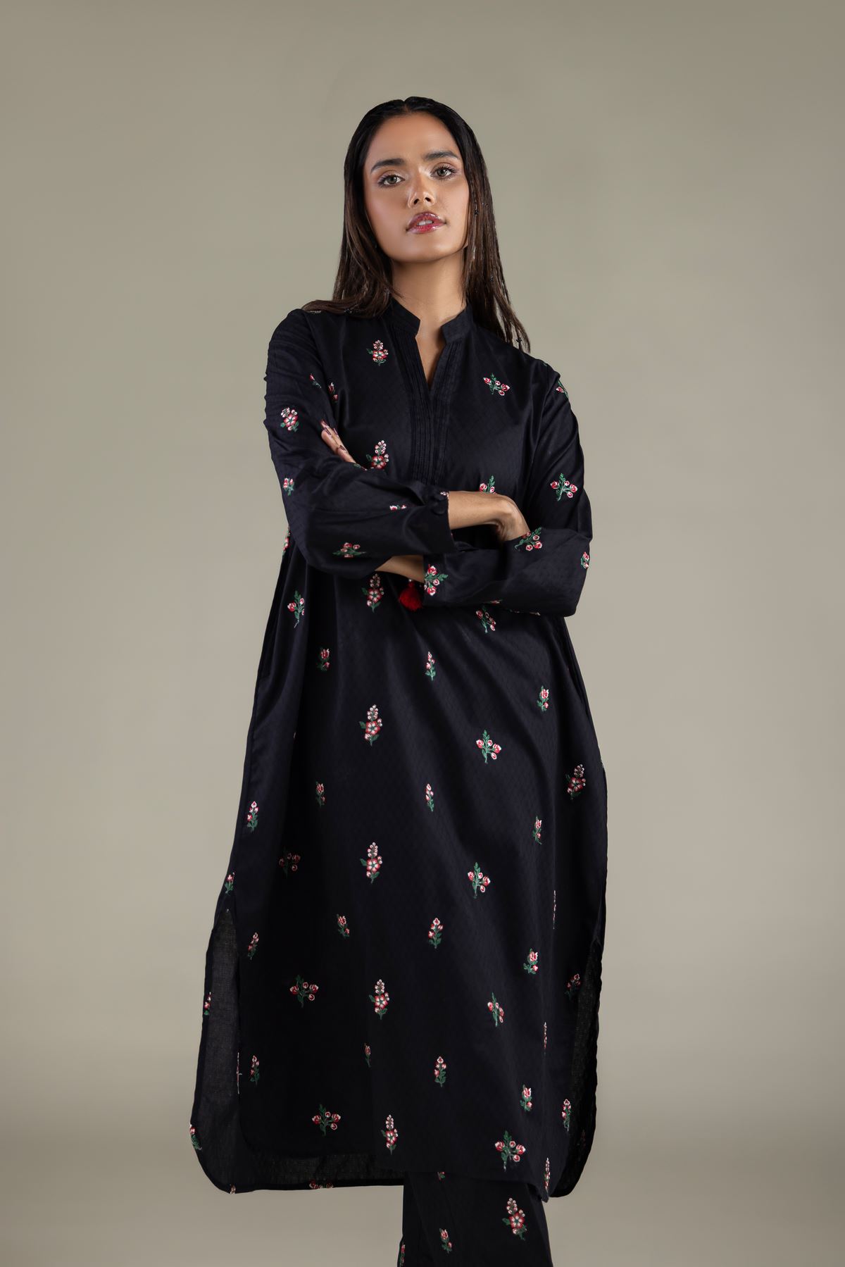 Embroidered Cotton Dobby Long Floral Kurta - 1-26-114-A-F-VG
