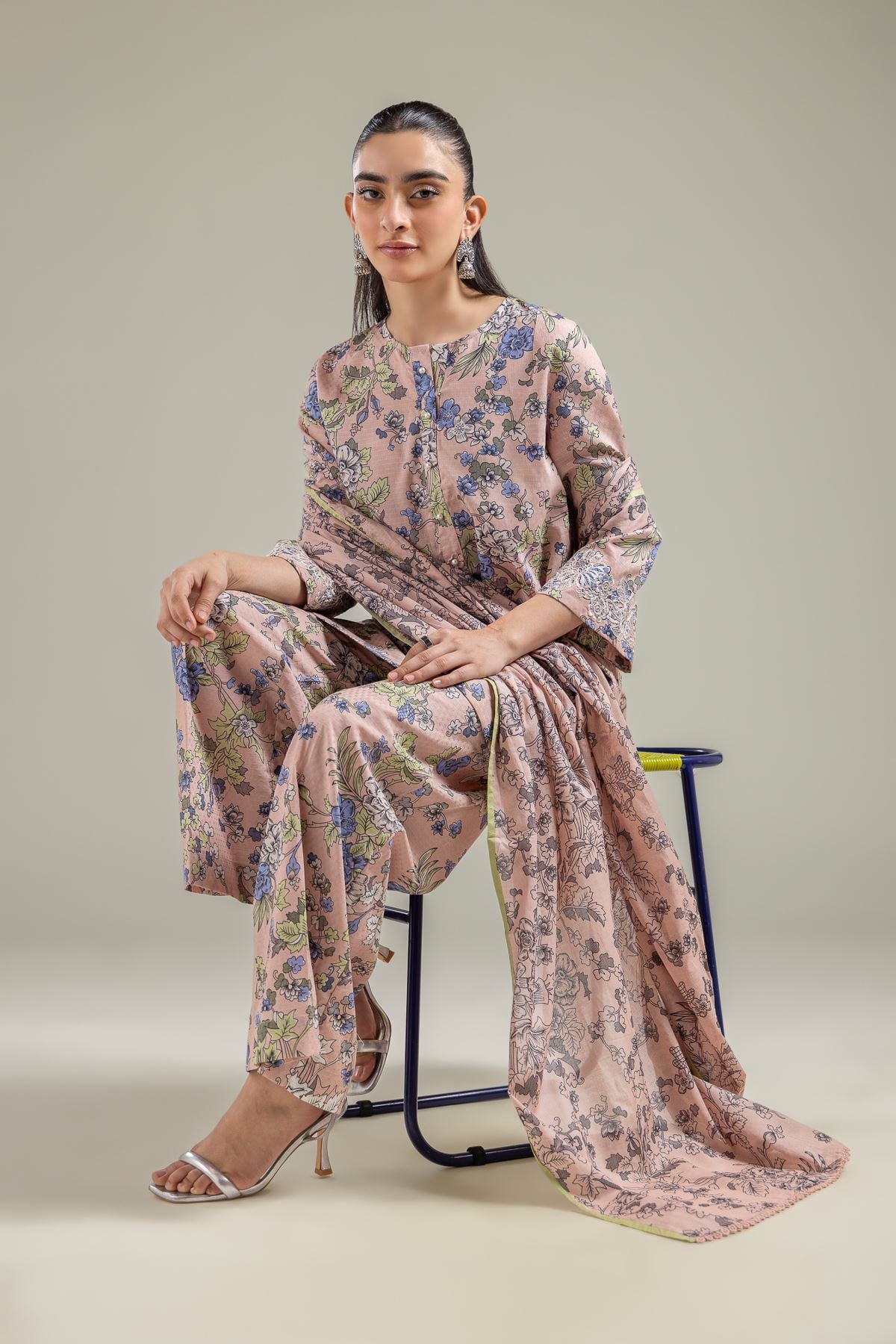 Embroidered Cotton Dobby Floral Peach Kurta - T-A22-26-120FG1-VG
