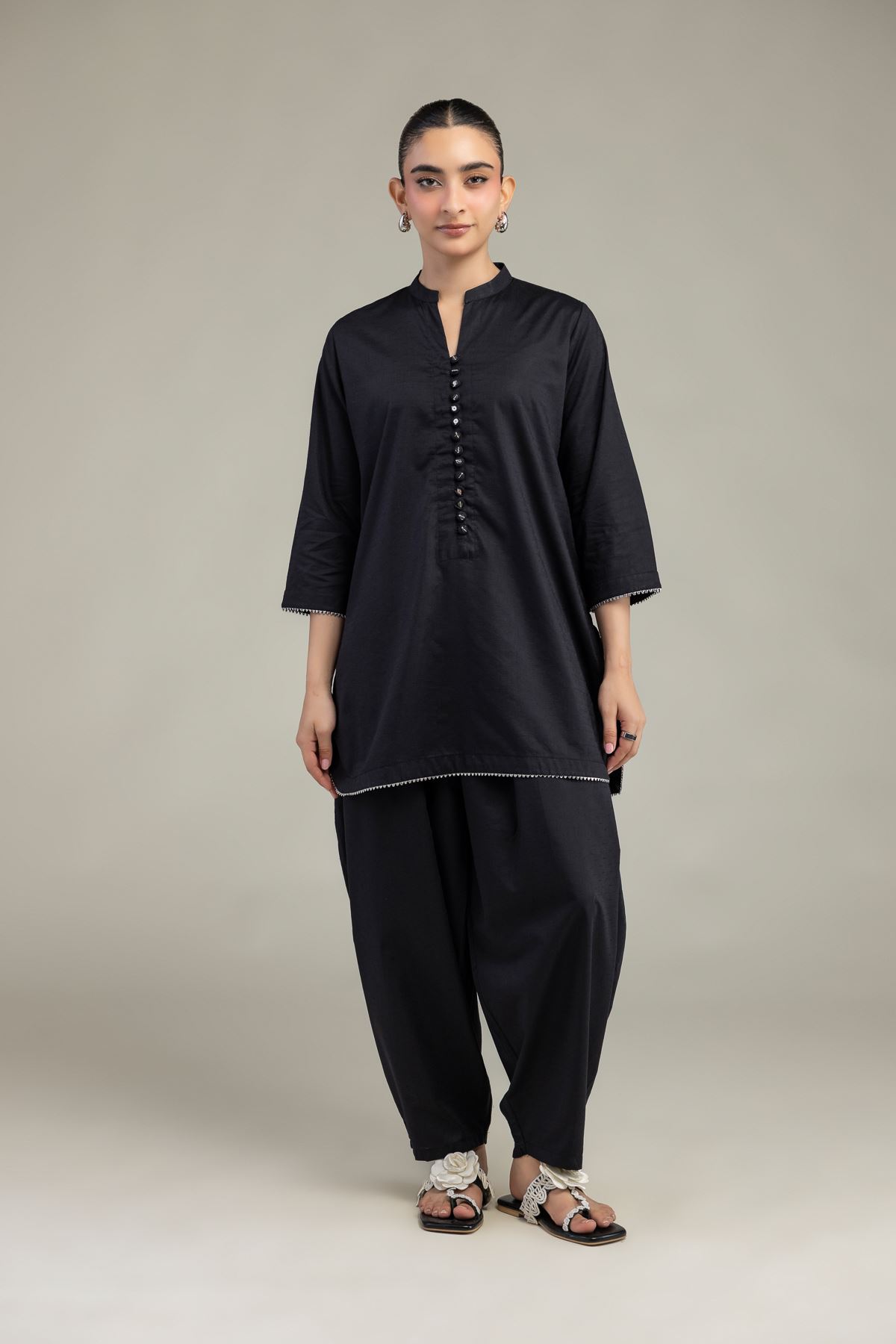 Embroidered Textured Cotton Viscose Black Cotton Pants - 8-26-203-A-A1-VG