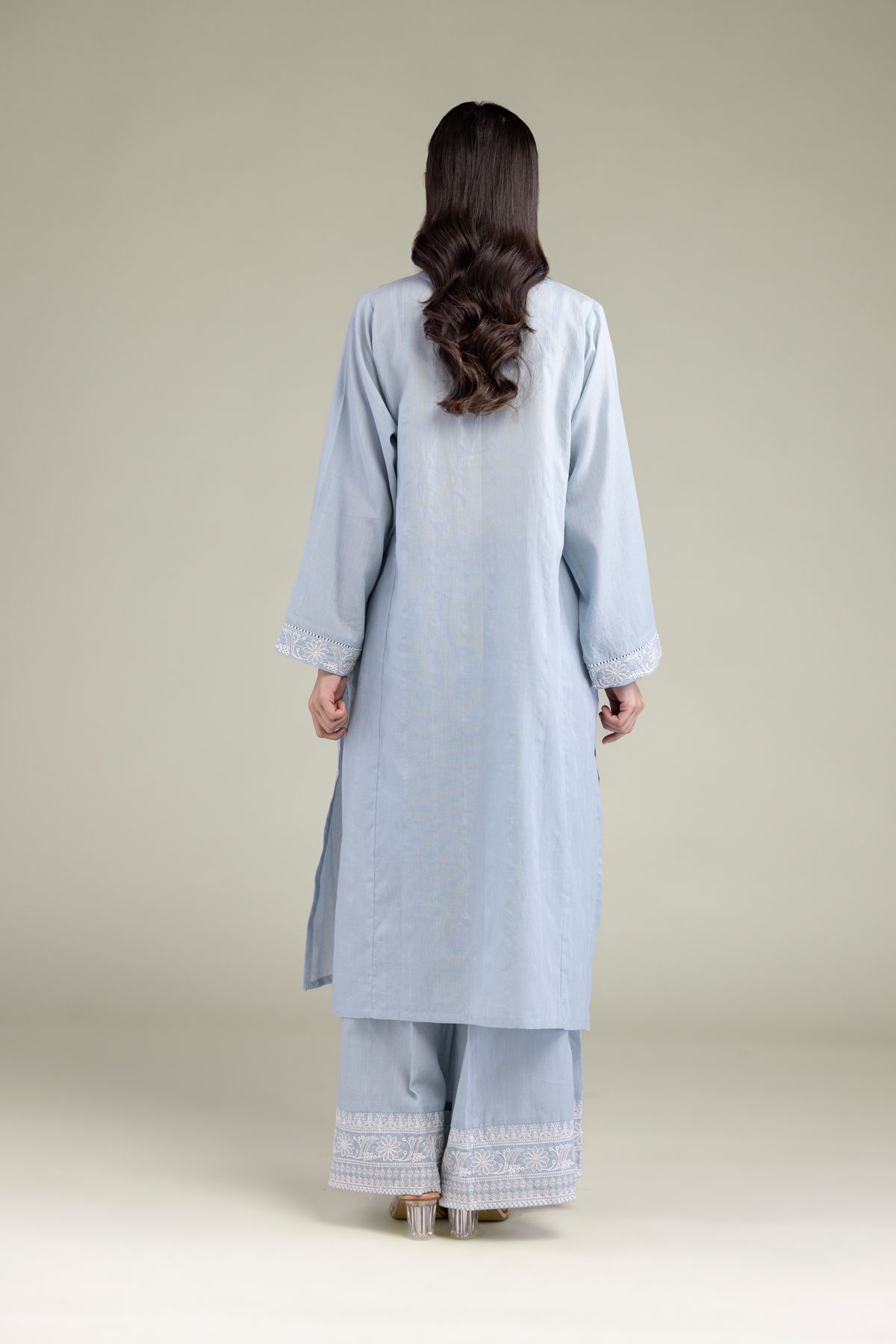 Embroidered Textured Cotton Tailored 2 Piece | Top and Bottom - 2-26-102-A-B-VG