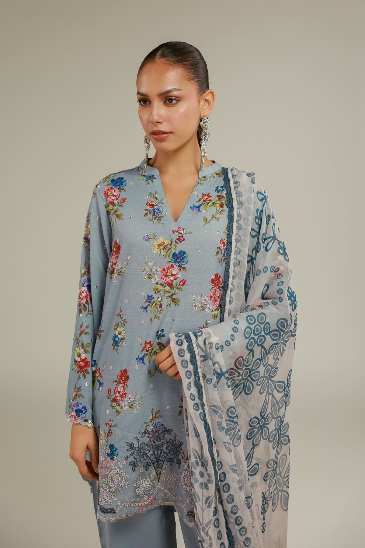 Embroidered Chiffon Floral Draped Dupatta - 2-26-101-A-D-VG