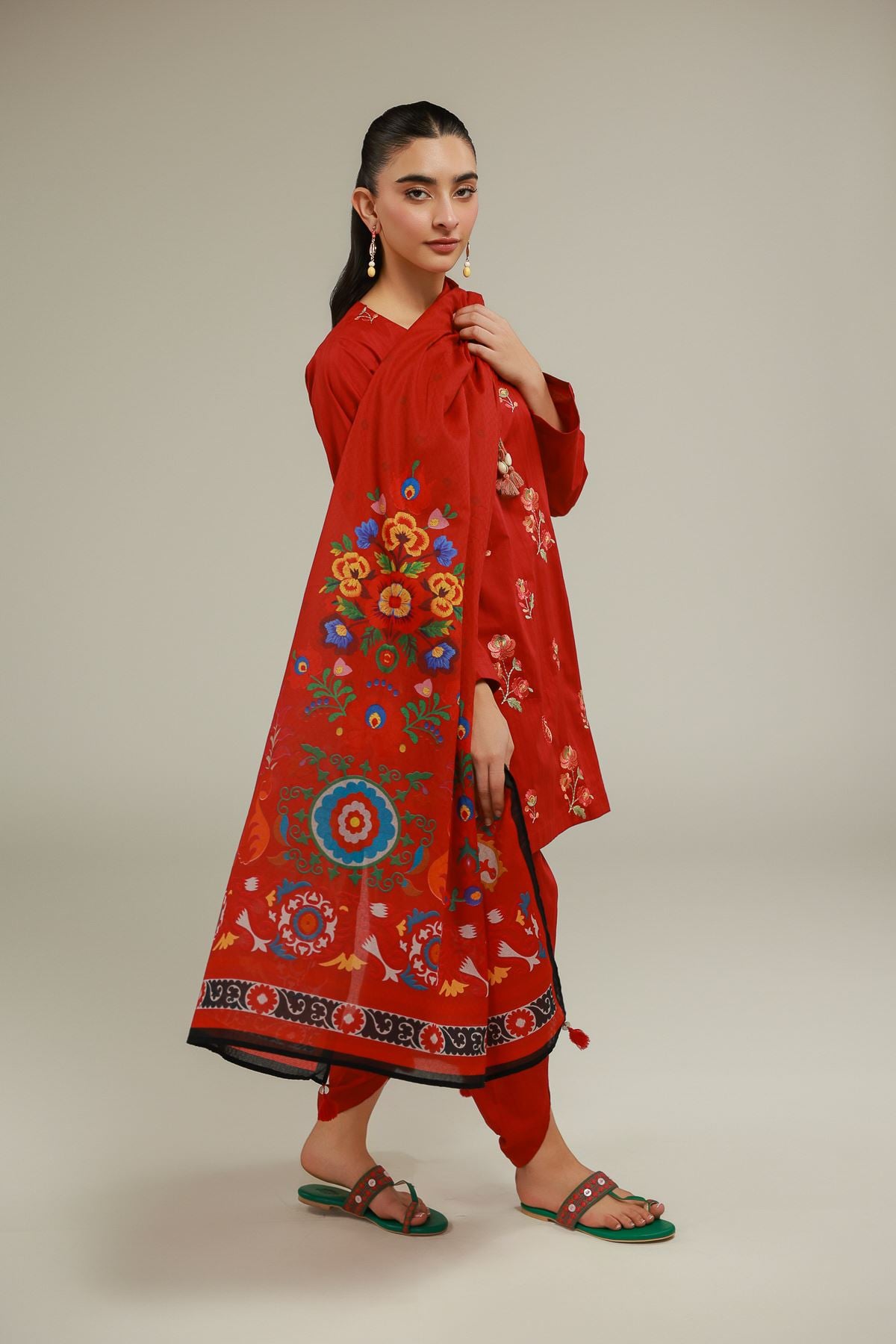 Embroidered Cotton Net Red Floral Dupatta - 1-26-145-C-H-VG