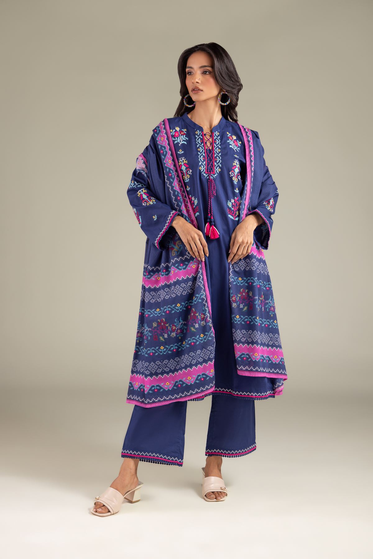 Embroidered Cambric Solid Summer Pants - 1-26-146-A-A-VG