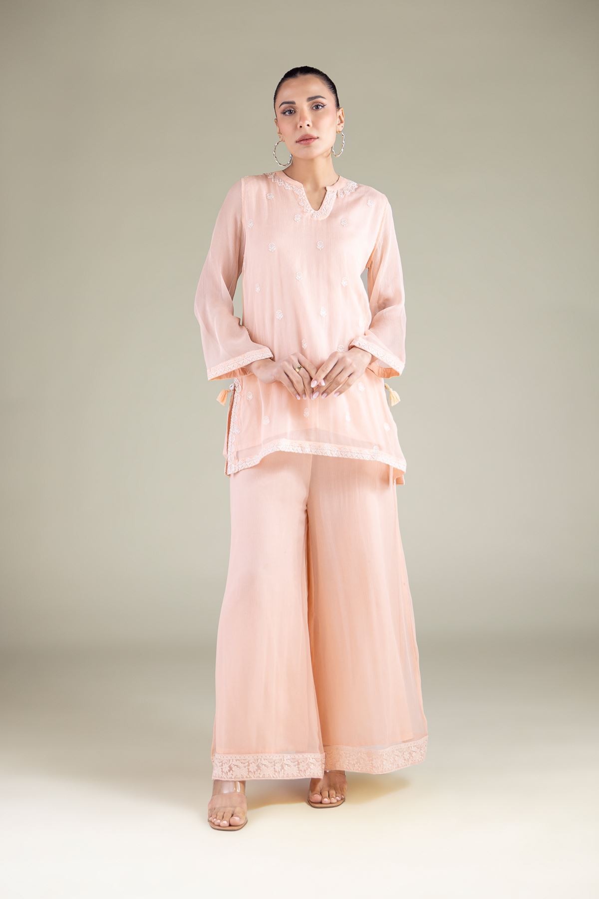 Embroidered Chiffon Floral Threadwork Kurta - 5-26-103-F-B-VG