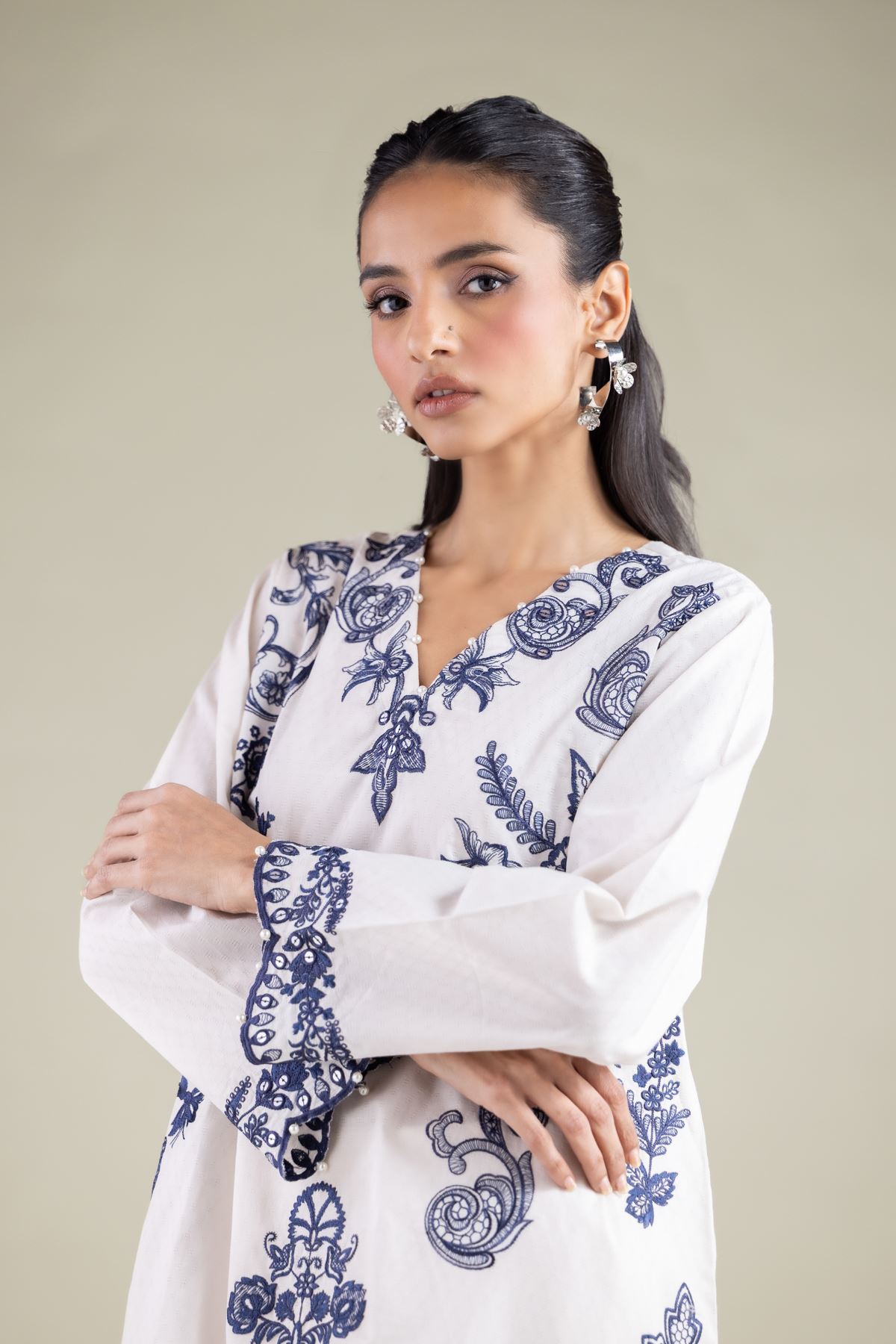 Embroidered Cotton Dobby Floral V-Neck Kurta - 1-26-108-A-F-VG