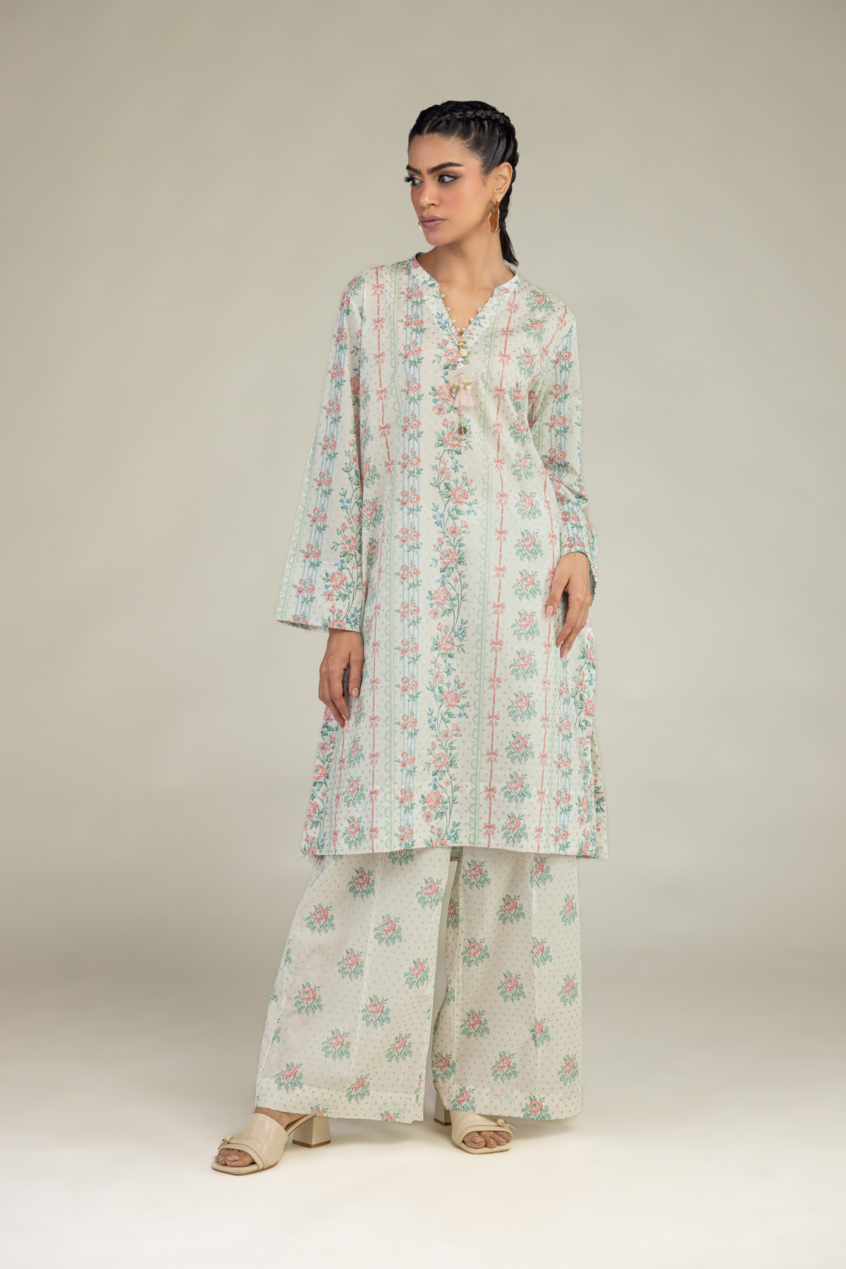 Printed Cambric Floral V-Neck Kurta - 1-26-236-A-D1-VG