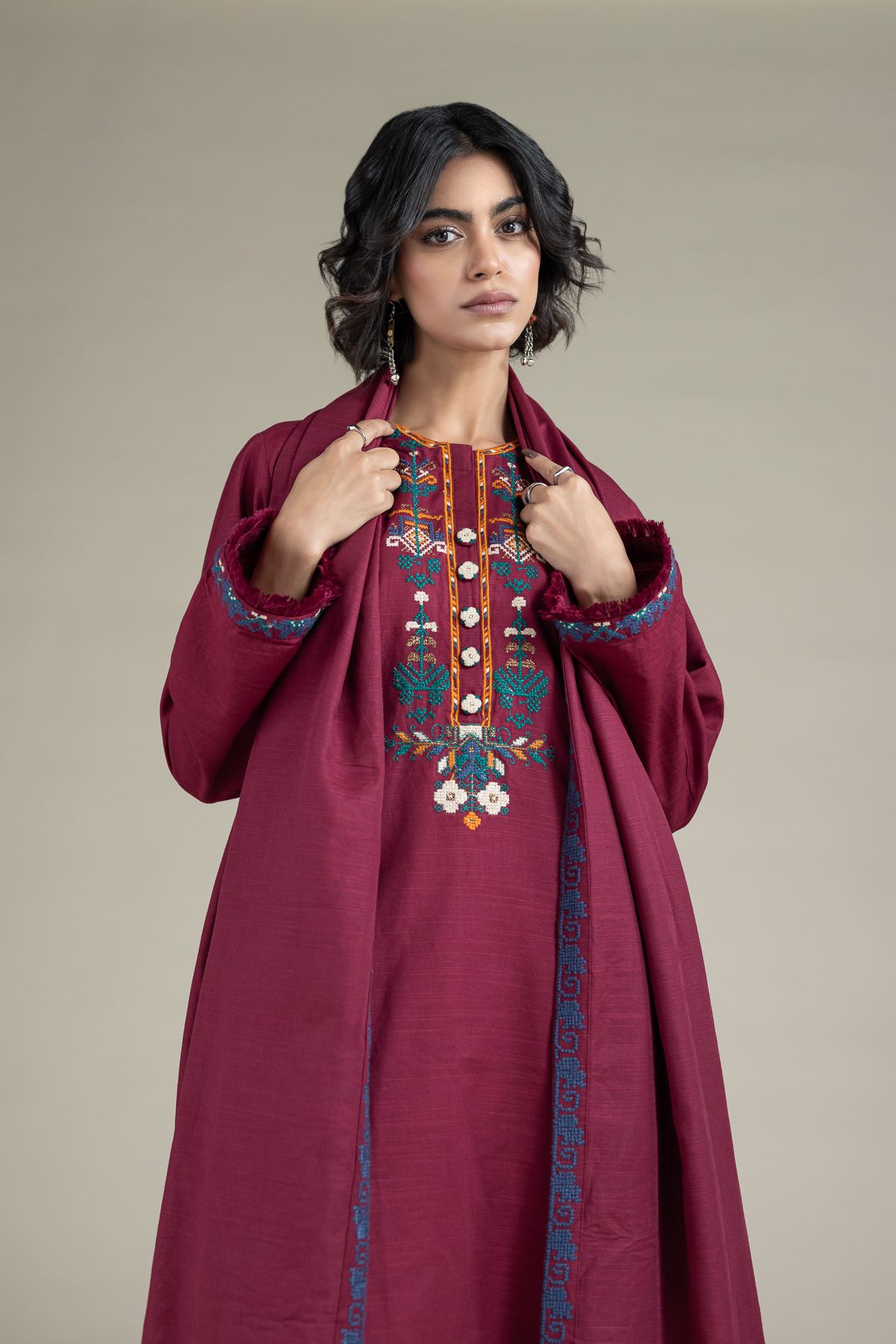 Embroidered Textured Cotton Dupatta - 25-10-10S4-02TB-VG