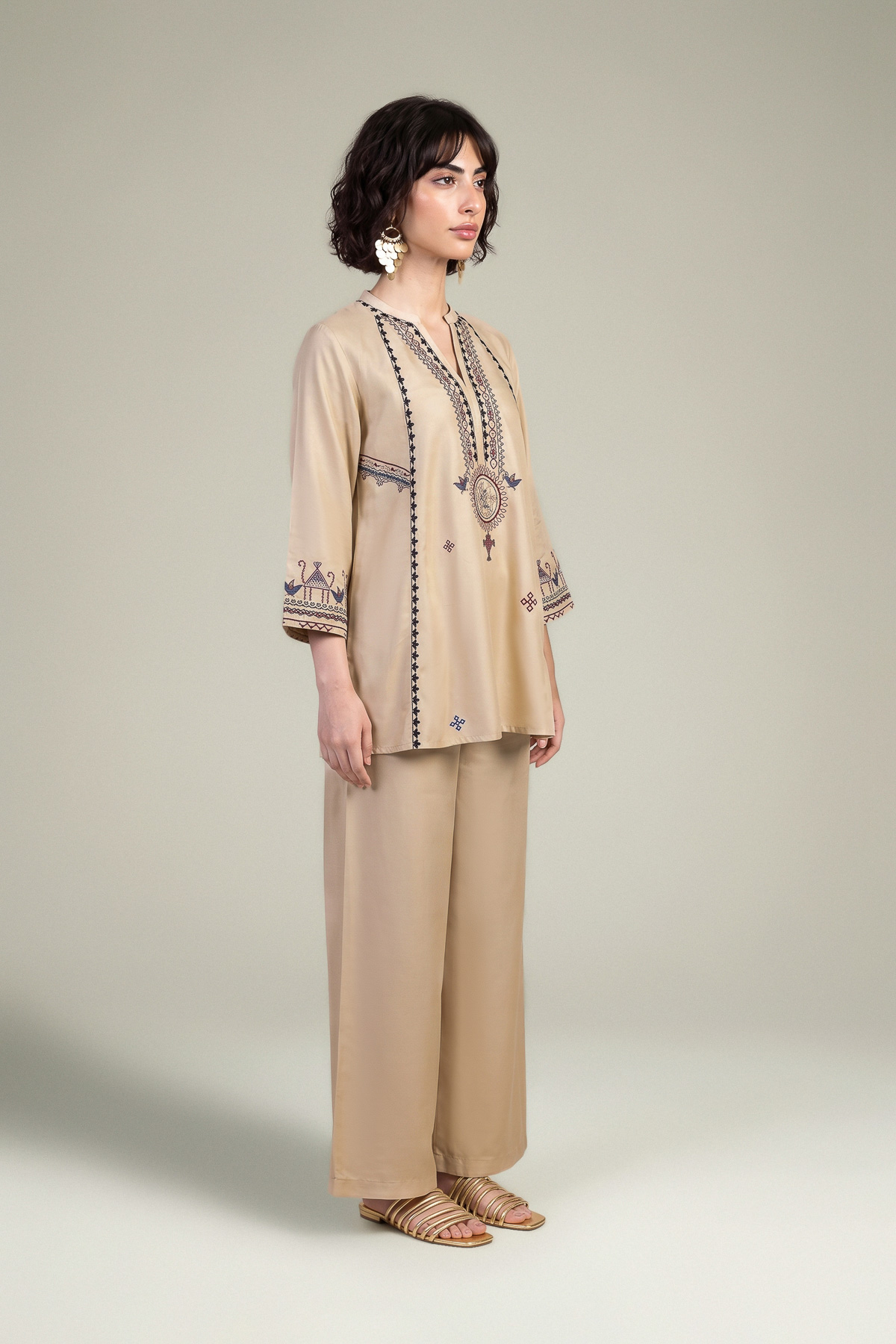 Embroidered Viscose Crepe Beige V-Neck Tunic - 1-26-309-B-D1-VG