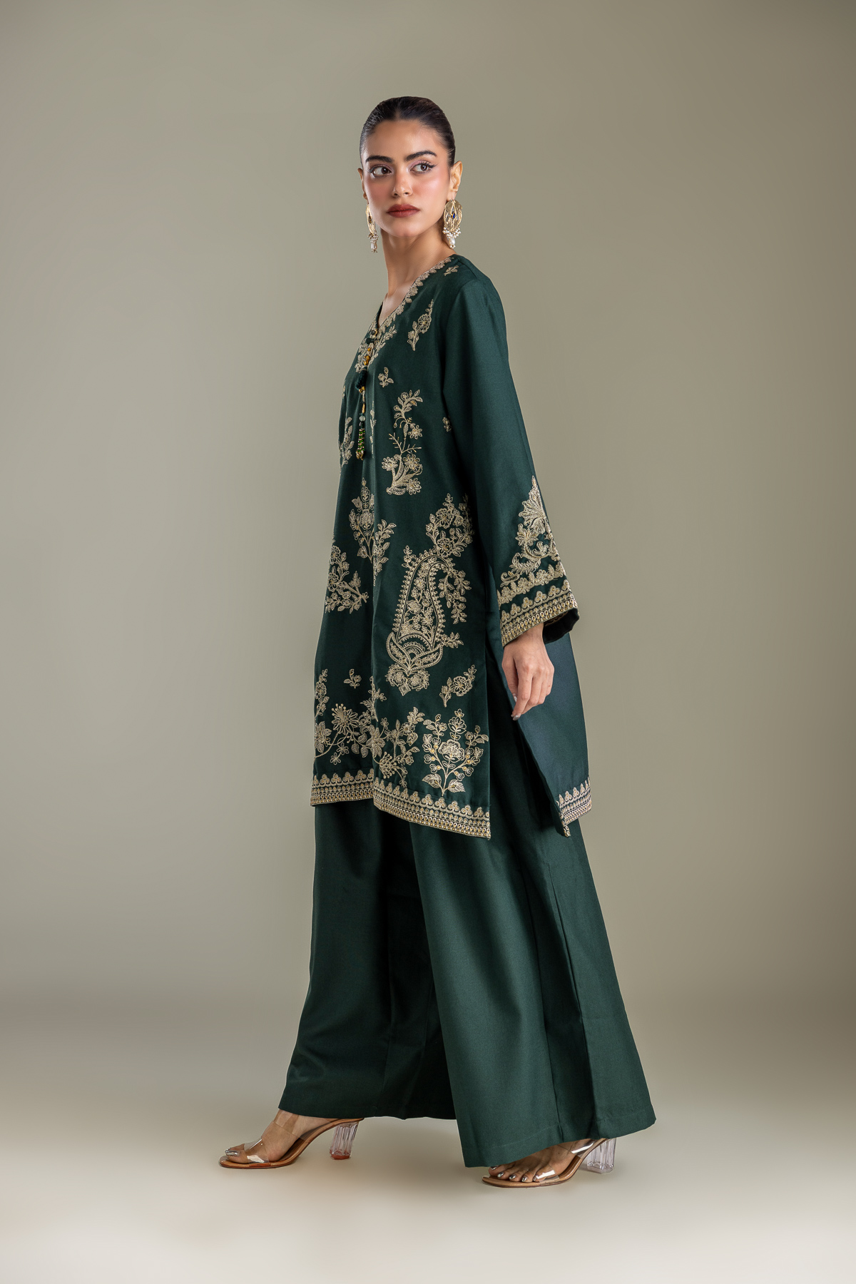 Embroidered Heavy Blended Viscose Dark Green Kurta - 1-26-433-A-D1-VG