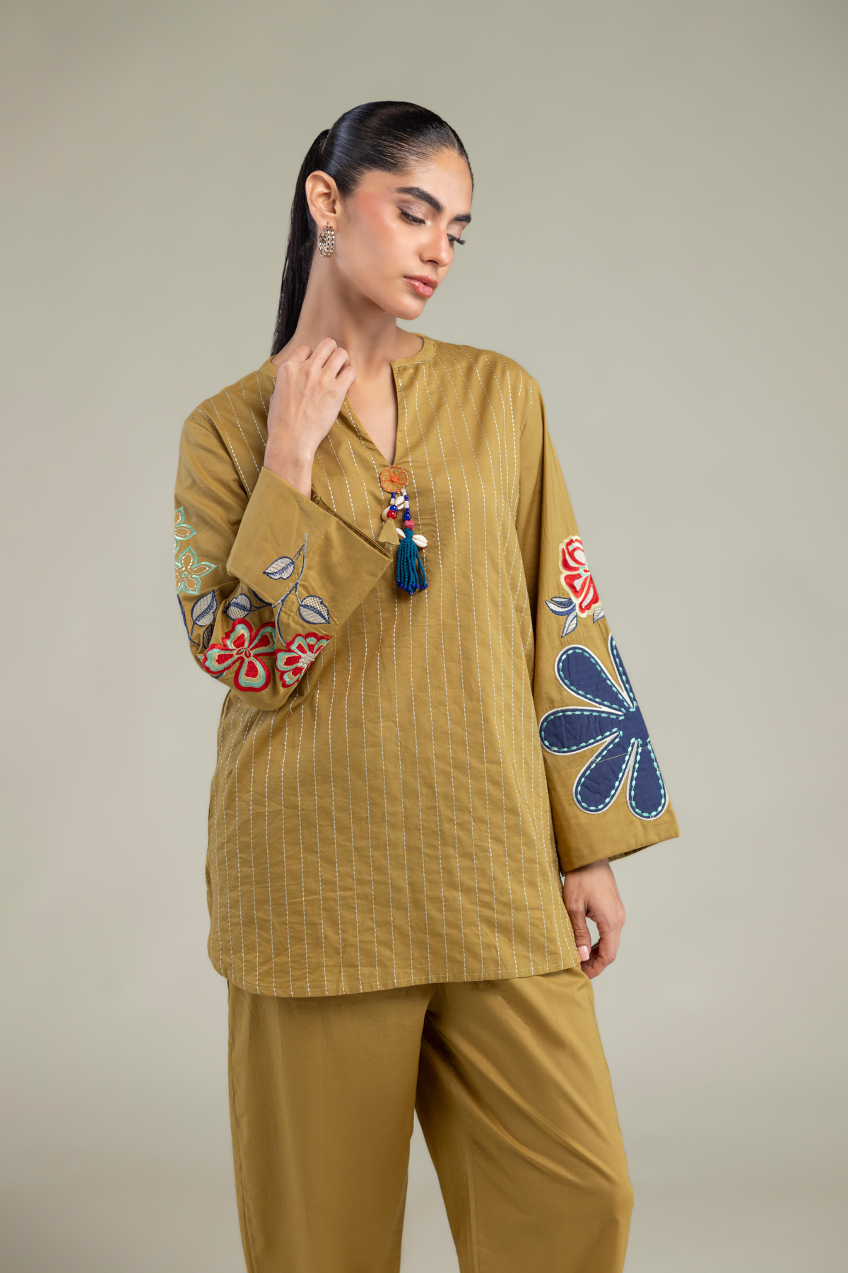 Embroidered Cambric Mustard V‑Neck Tunic - 1-26-102-A-F-VG