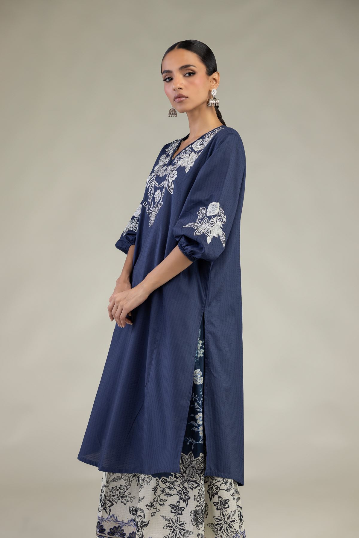 Embroidered Cotton Dobby Floral V-Neck Kurta - 1-26-241-A-A1-VG