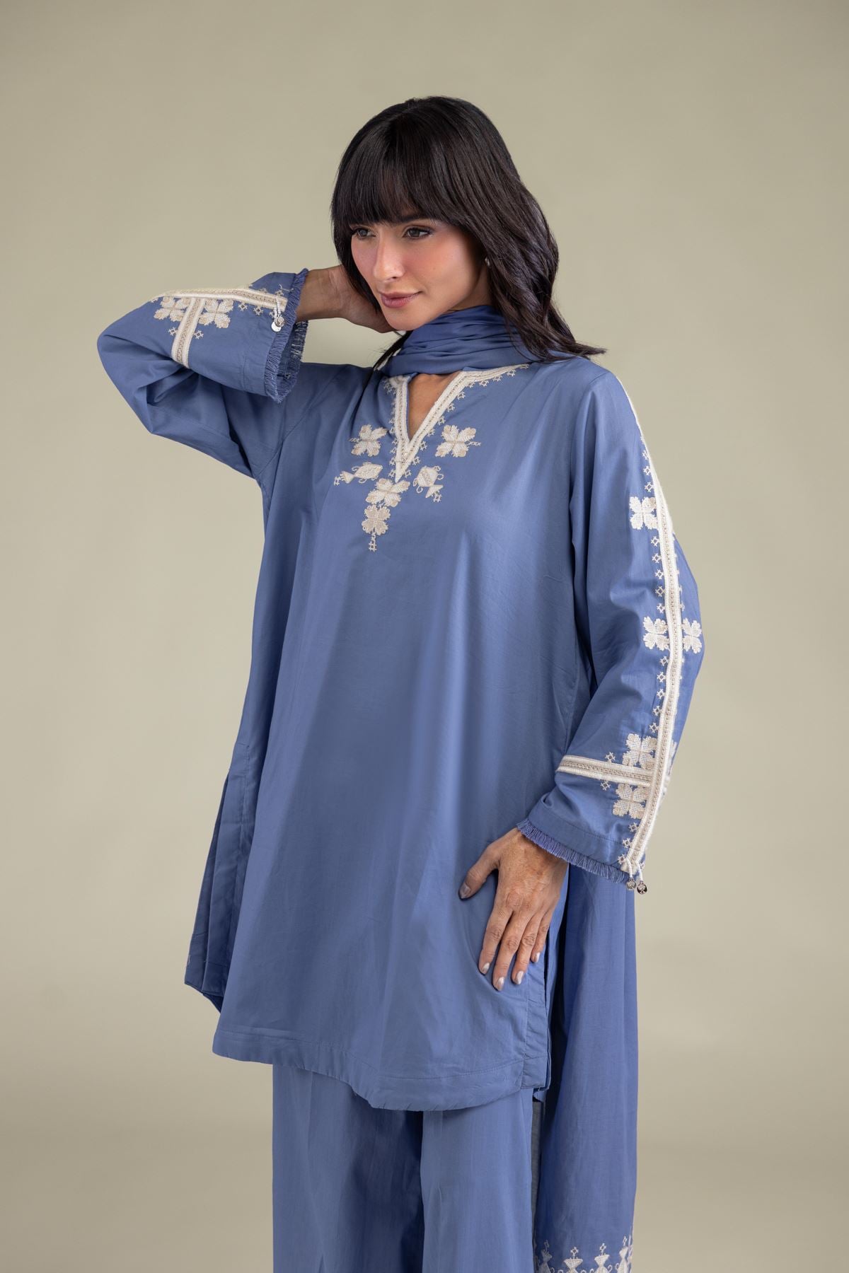 Embroidered Cambric Blue Threadwork Kurta - 2-26-207-A-C1-VG
