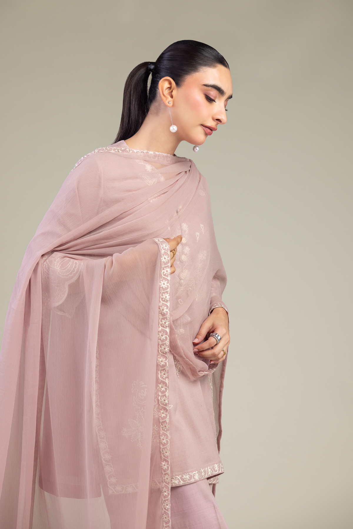 Embroidered Chiffon Pink Floral Dupatta - 1-26-309-B-D1-VG