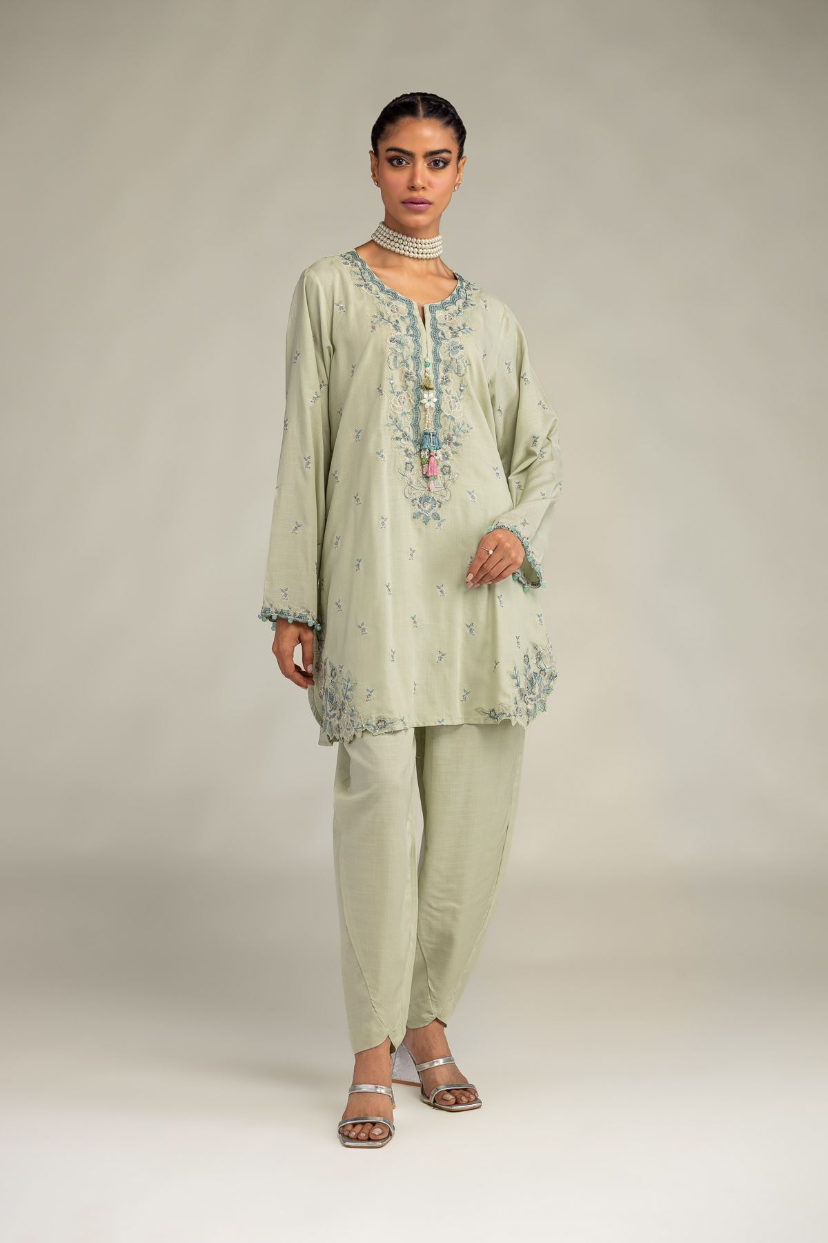 Embroidered Raw Silk Floral Mint Kurta - 2-26-306-A-D1-VG