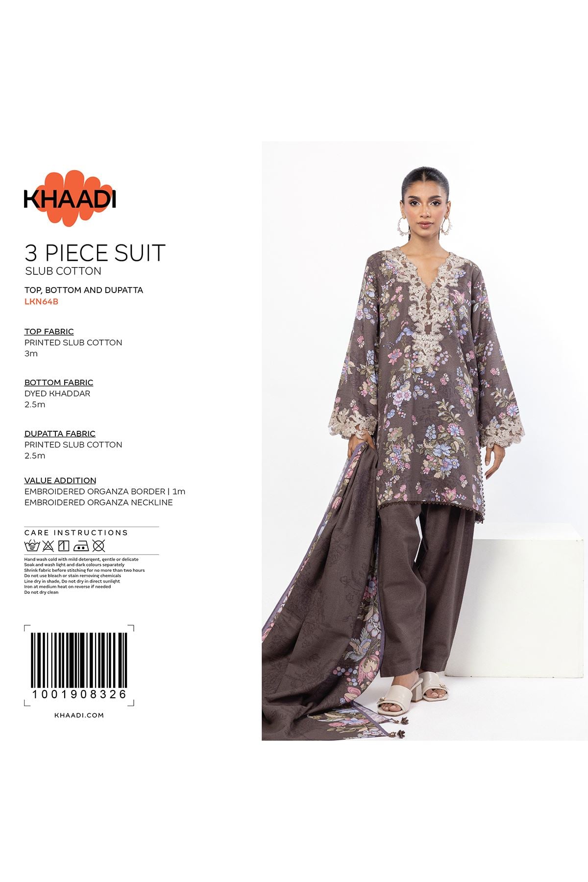 Embroidered Slub Cotton Fabrics 3 Piece - 1001908334