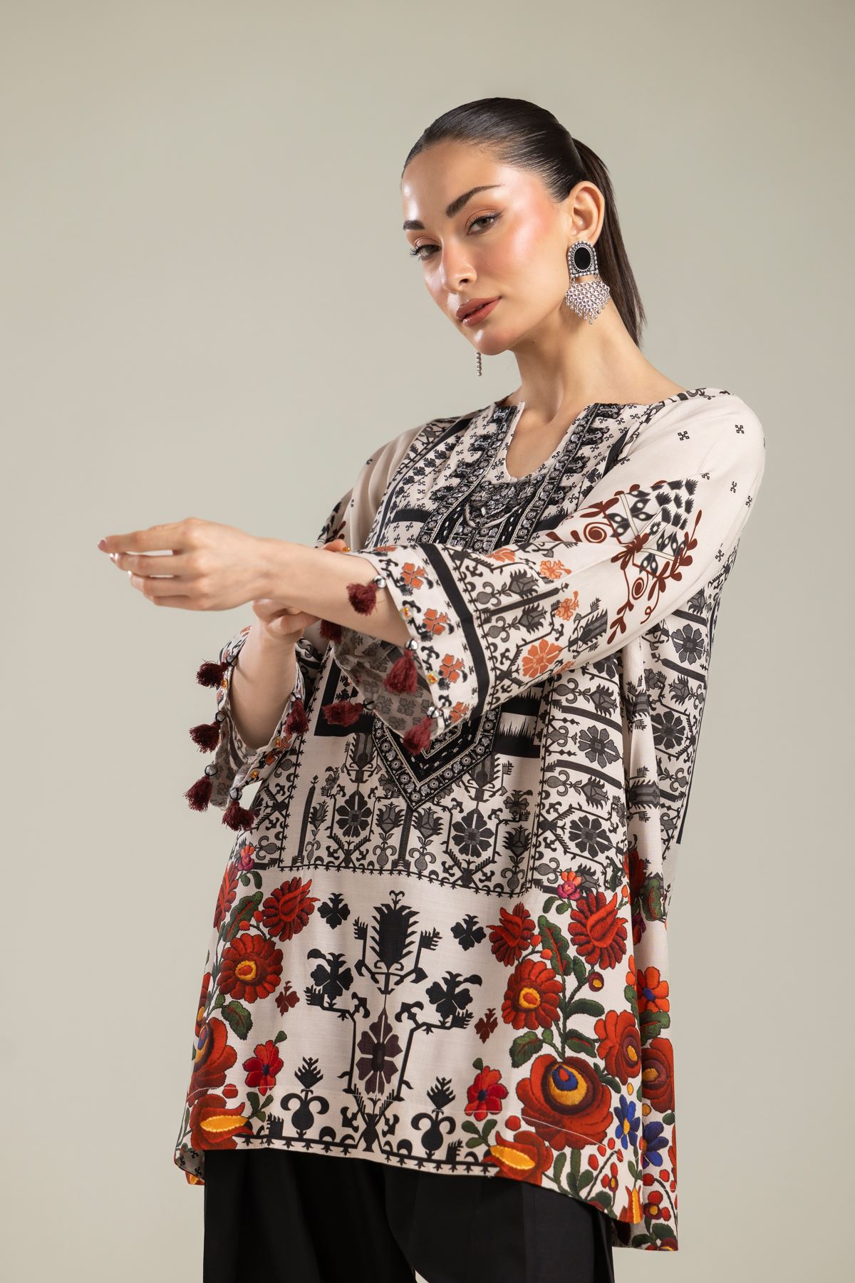 Embroidered Raw Silk Short Floral Kurta - T-A22-26-123FA1-VG