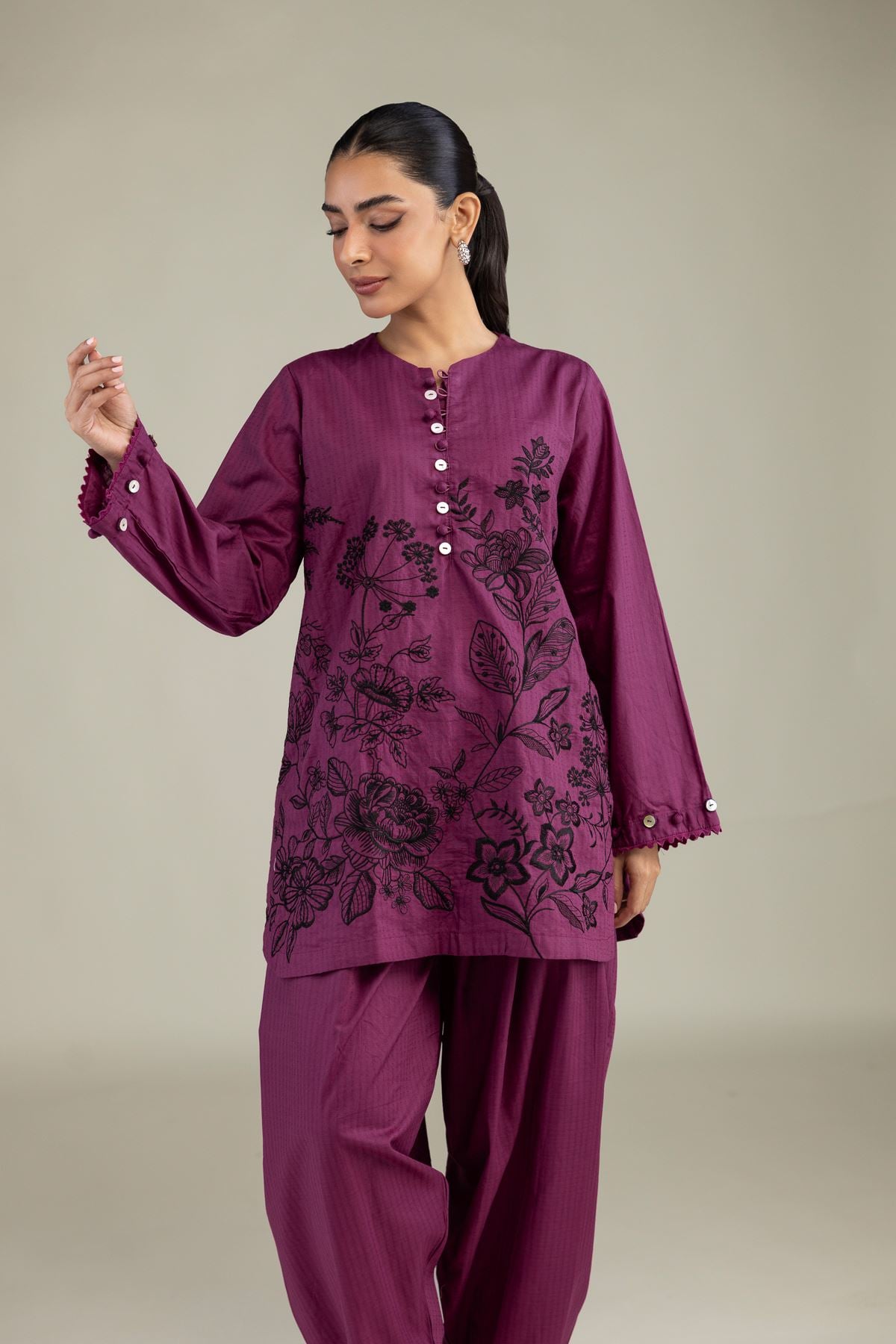 Embroidered Cotton Dobby Short Floral Kurta - 1-26-226-B-H1-VG