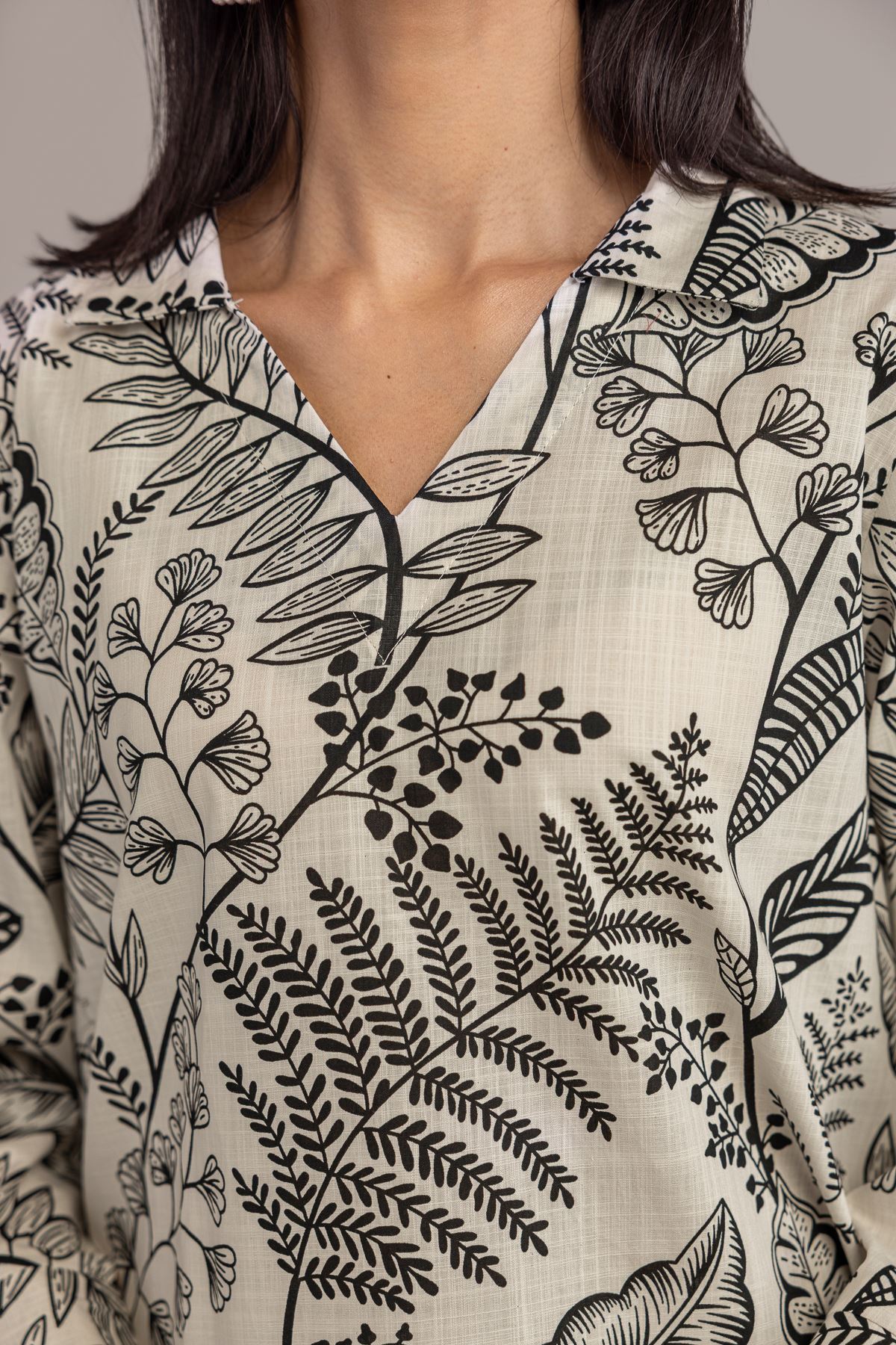 Printed Textured Cotton V-Neck Longline Kurta - 1-26-229-B-F1-VG