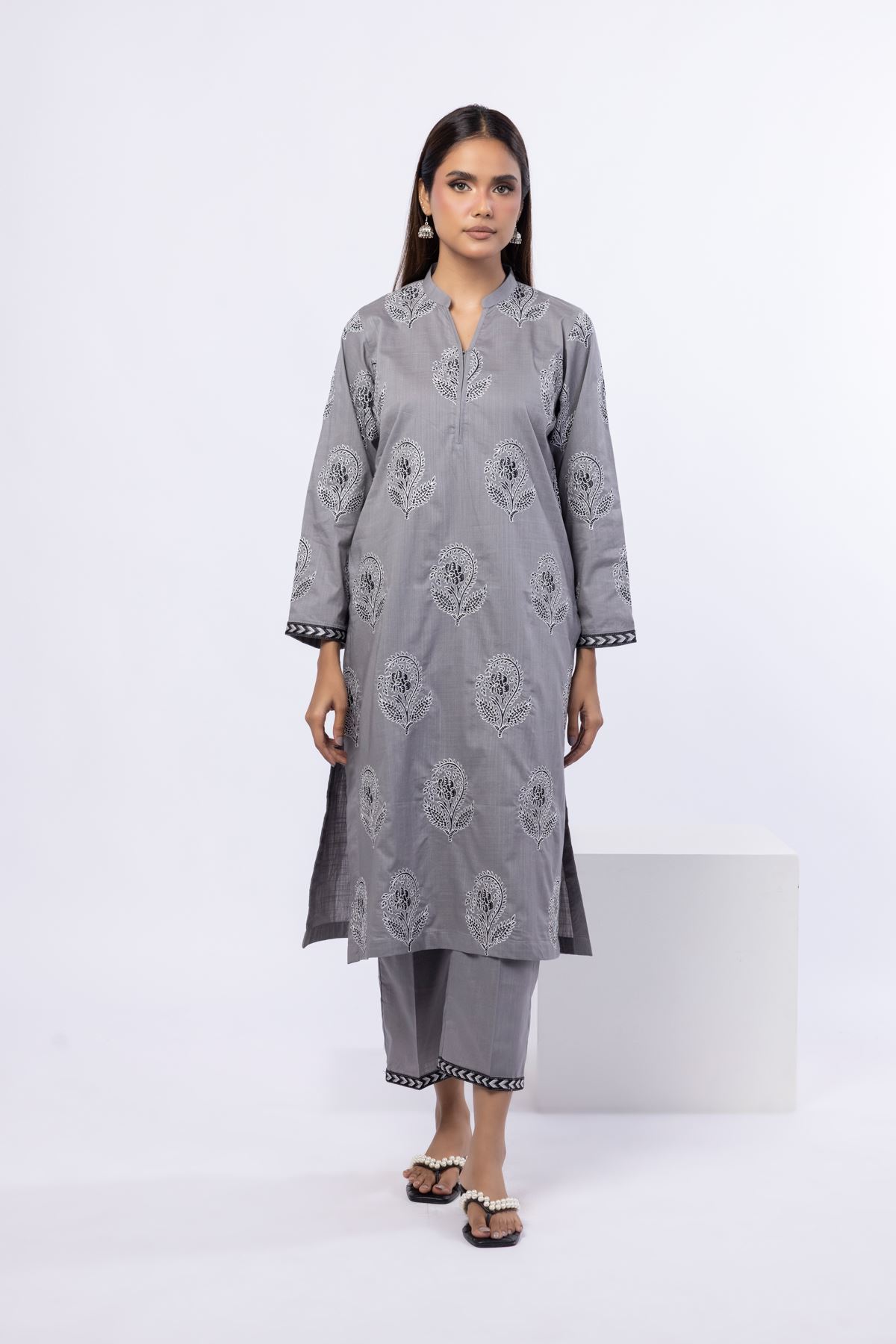Embroidered Crosshatch Poplin Kurta - 25-W02iB-02TA-VG