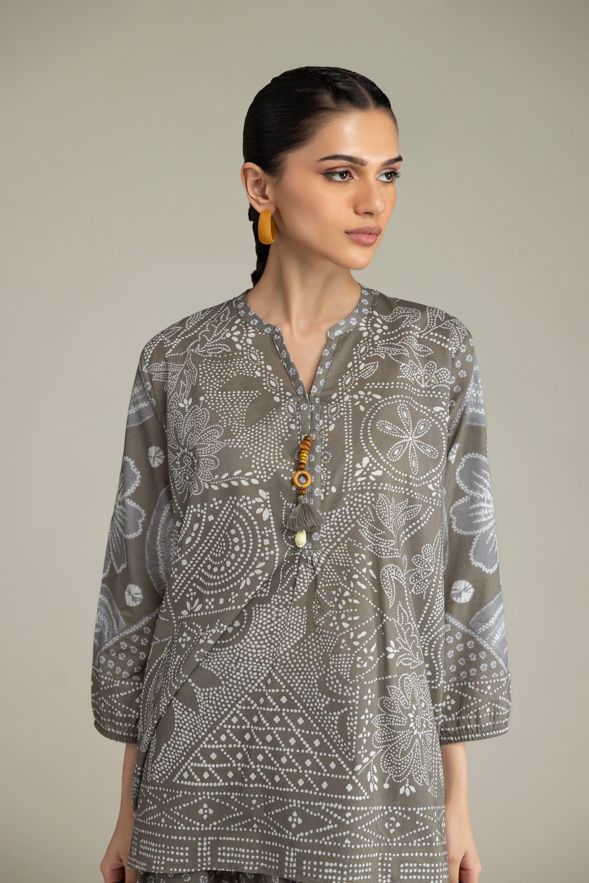 Printed Viscose Crepe Gray Viscose Blouse - 8-26-206-A-D1-VG