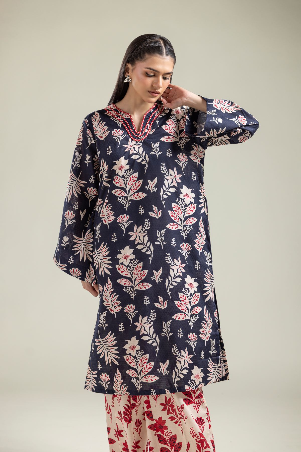 Printed Cotton Dobby V-Neck Navy Kurta - 1-26-204-A-H1-VG